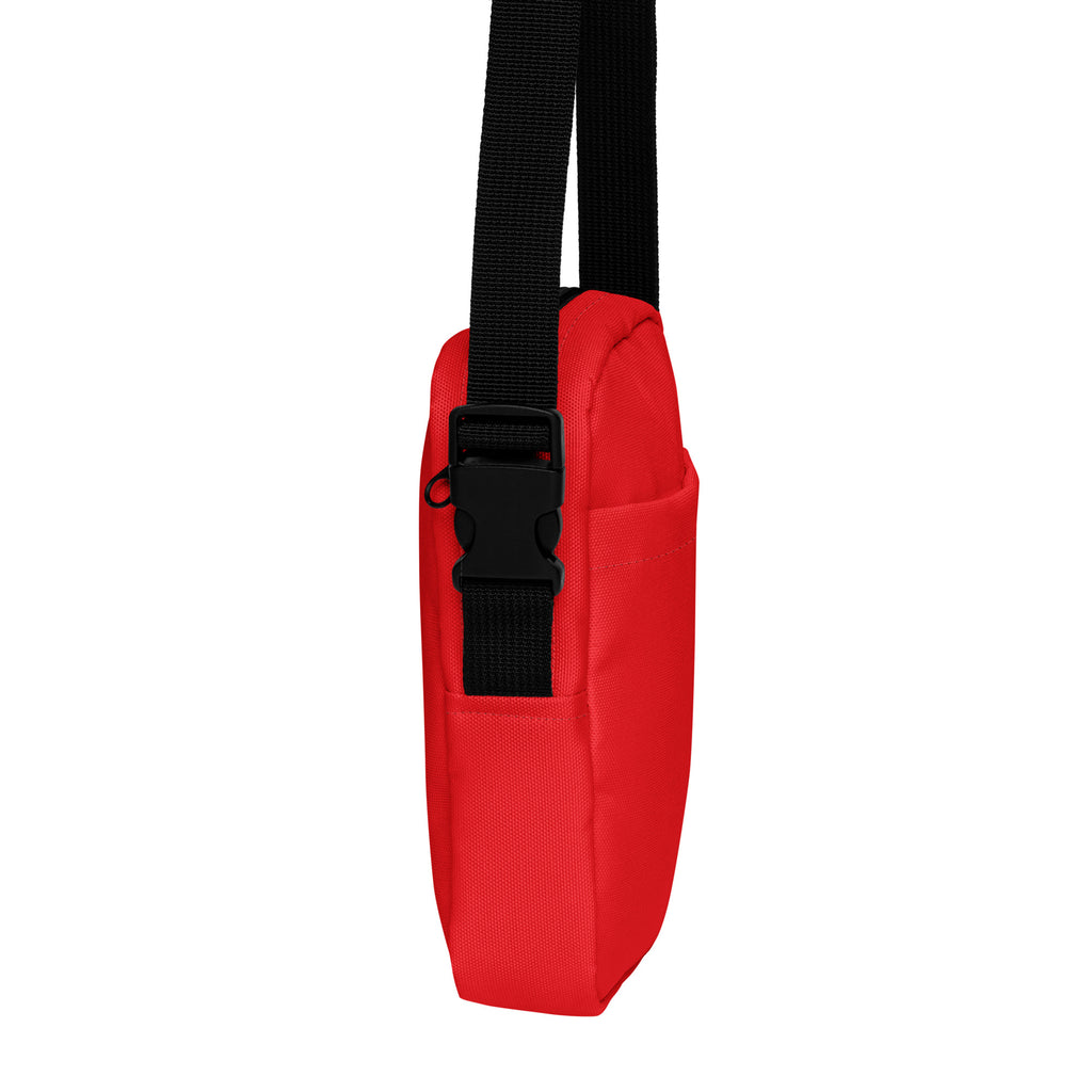 Girls red crossbody purse made of red fabric with black adjustable strap and buckle for easy carrying