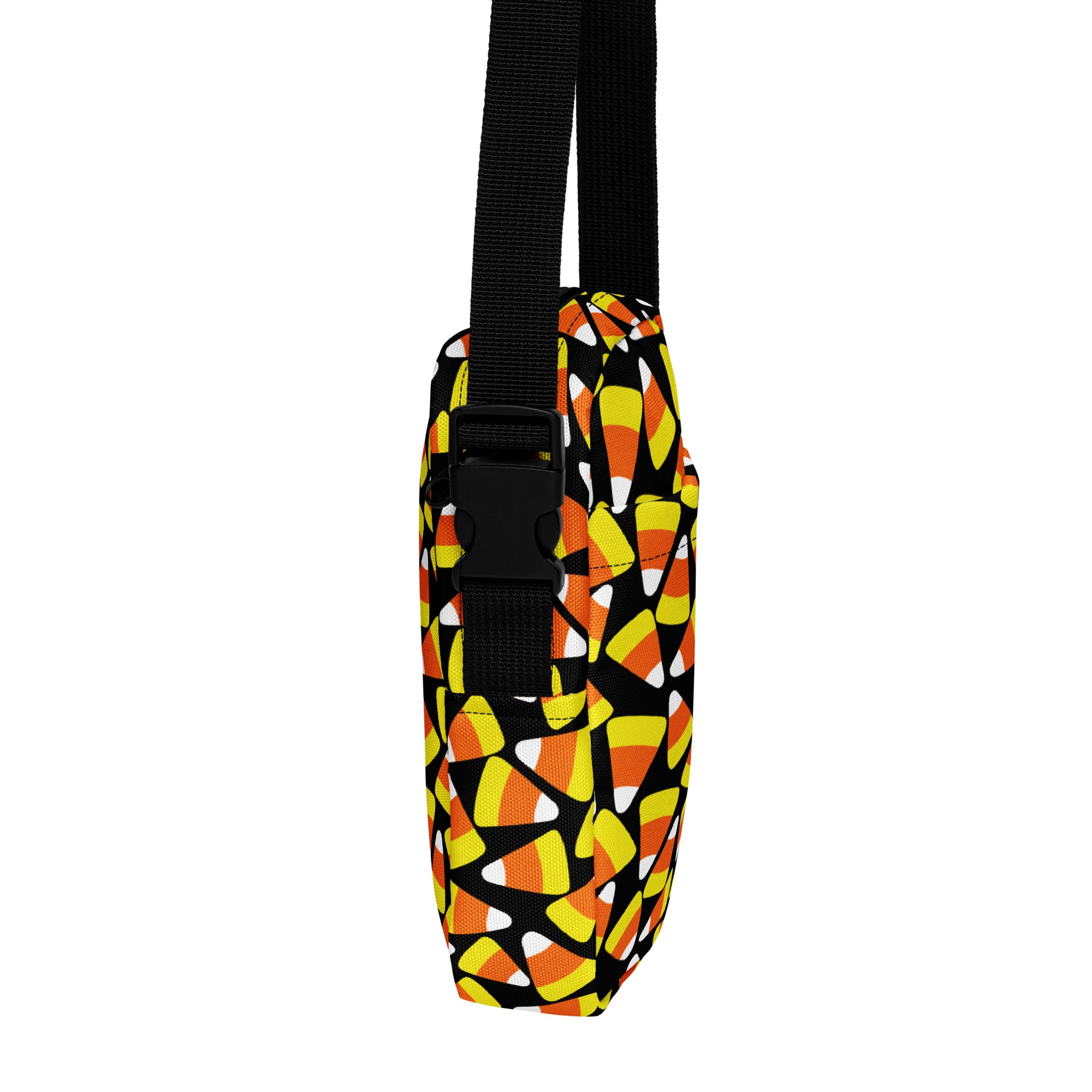 Girls candy corn halloween crossbody purse featuring a black shoulder bag with orange yellow and white candy corn pattern