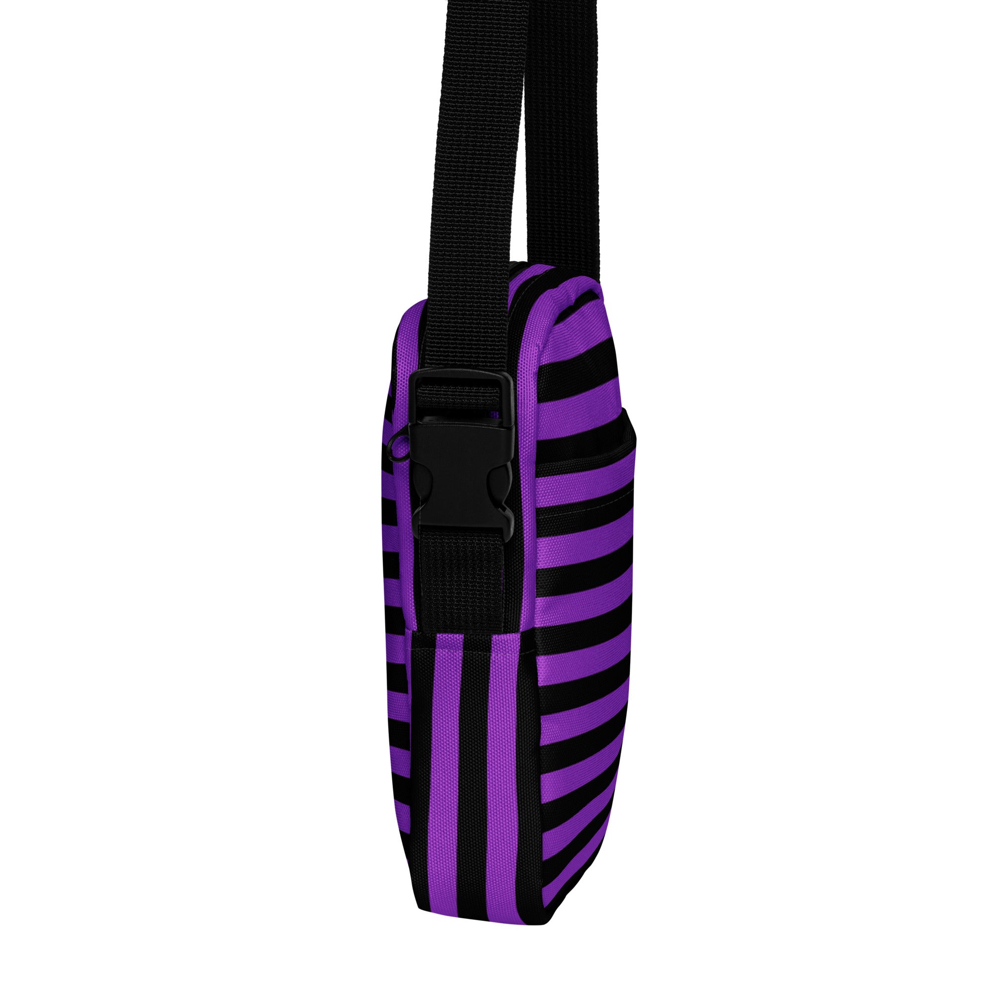 Girls purple and black striped Halloween crossbody purse with a black adjustable strap for easy wear