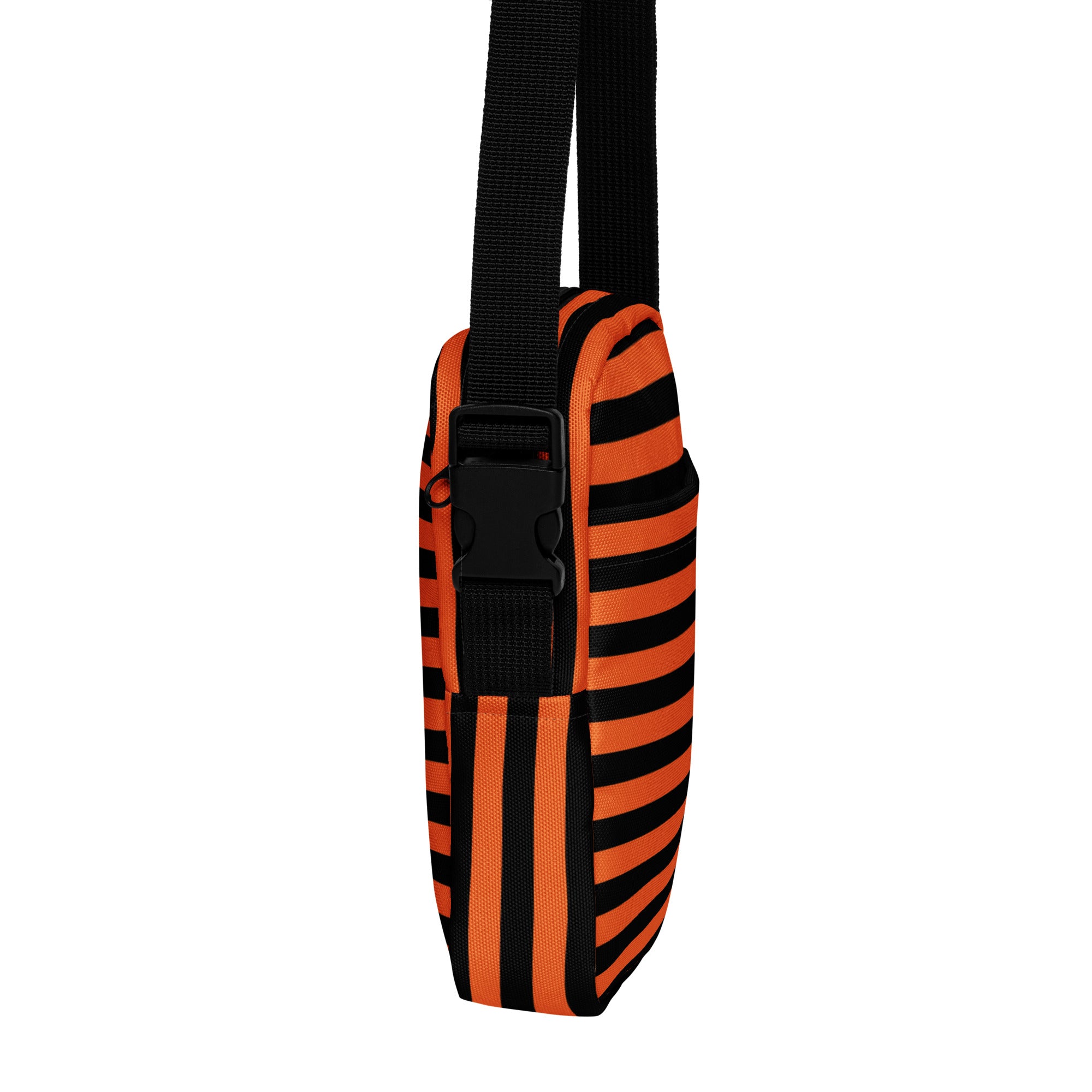 Girls orange and black striped Halloween crossbody purse with black adjustable strap for festive use