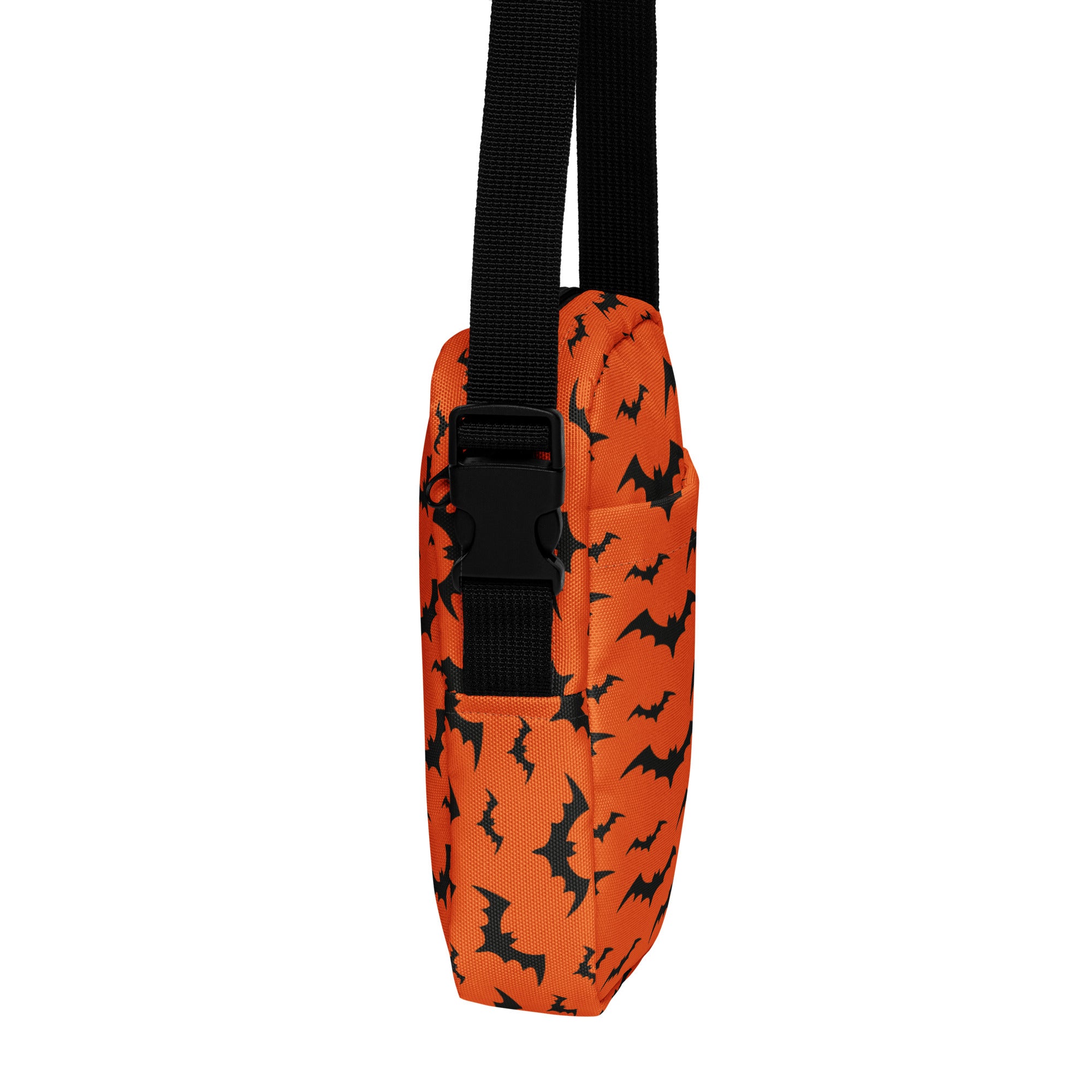 Kids orange bats Halloween crossbody purse made of fabric with black bat pattern and adjustable black strap