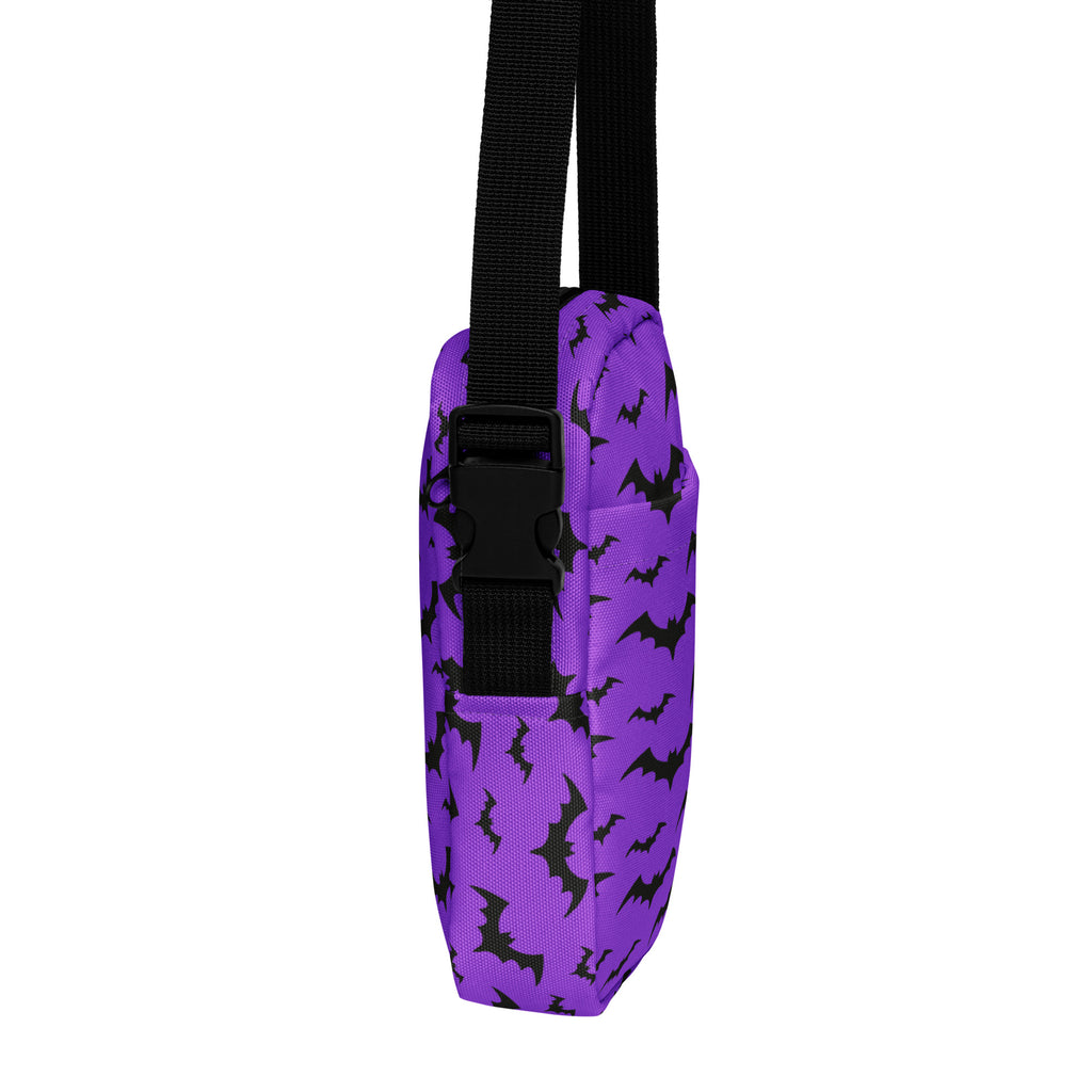 Kids purple bats Halloween crossbody purse with bat-patterned fabric and black adjustable strap with buckle