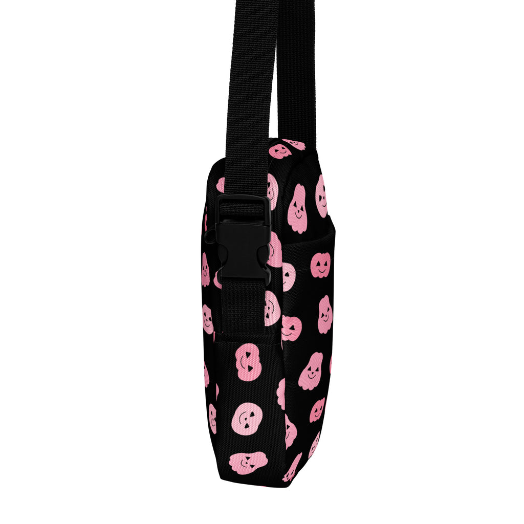Girls pink pumpkins halloween crossbody purse black shoulder bag with pink ghost faces and adjustable strap