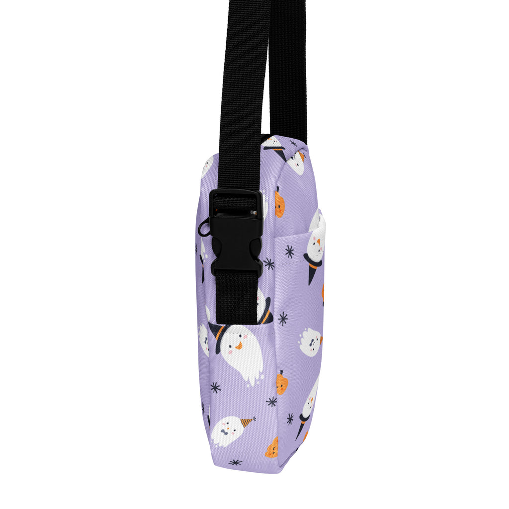 Lavender girls ghost witch halloween crossbody bag with playful white ghost and orange pumpkin print on soft fabric