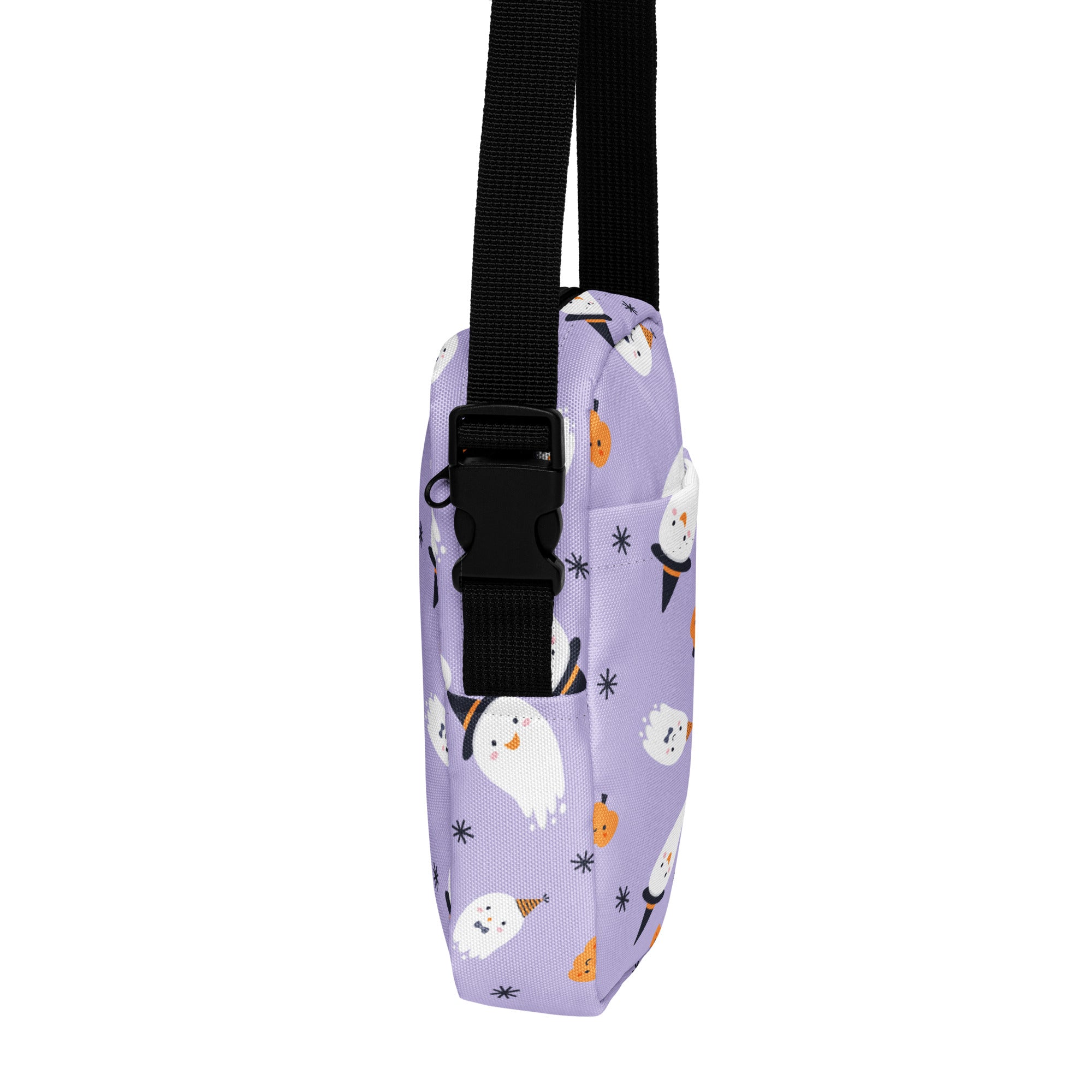 Lavender girls ghost witch halloween crossbody bag with playful white ghost and orange pumpkin print on soft fabric
