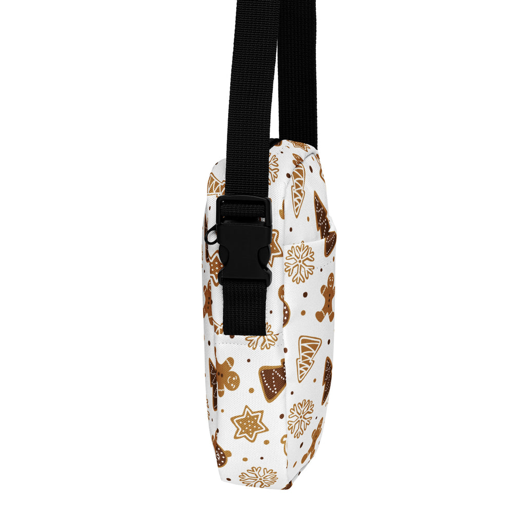 Kids gingerbread cookies christmas crossbody purse white with festive gingerbread and snowflake pattern and black strap