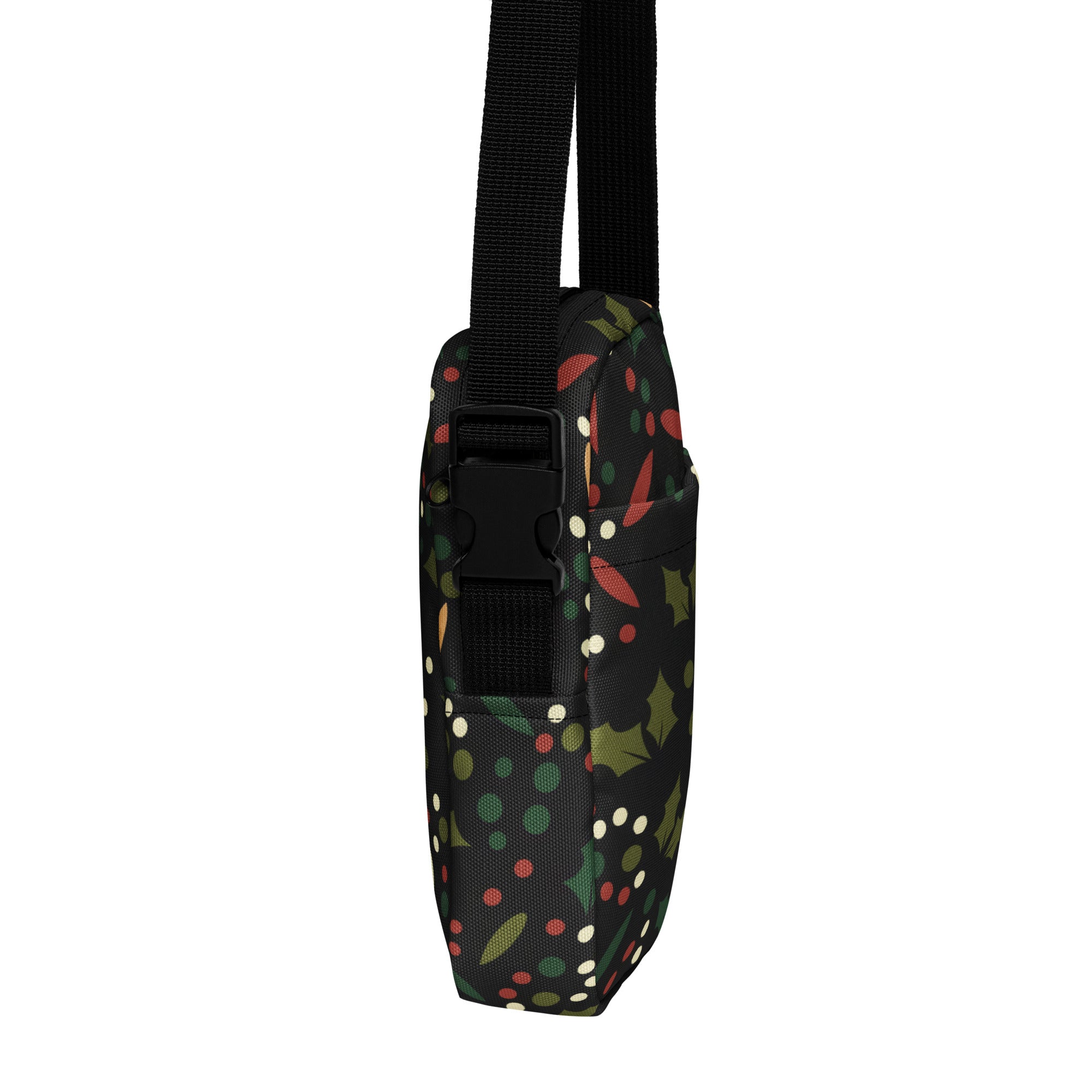 Girls christmas holly crossbody purse black shoulder bag with festive green holly leaves red berries and multicolored polka dots
