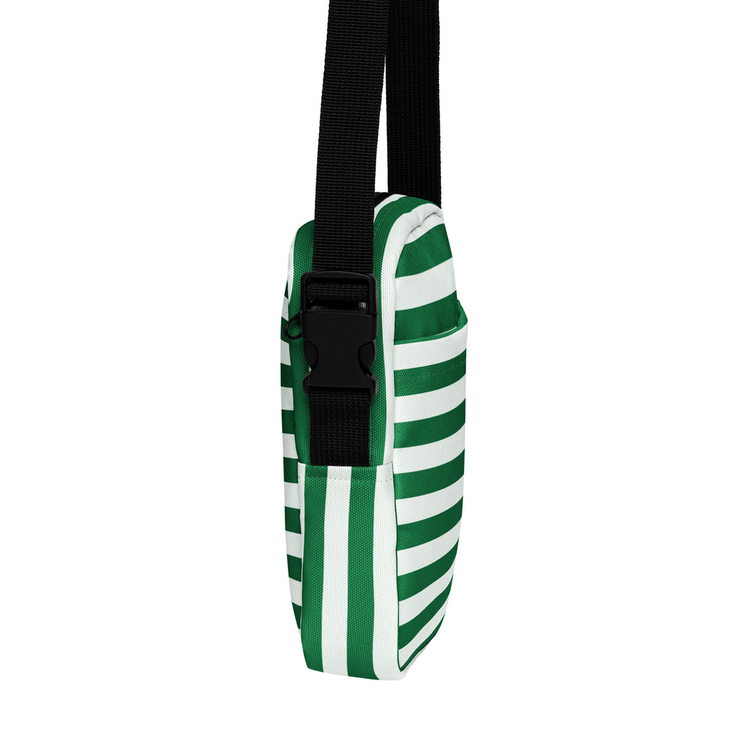 Green and white candy stripe crossbody purse with black adjustable strap for women holiday use
