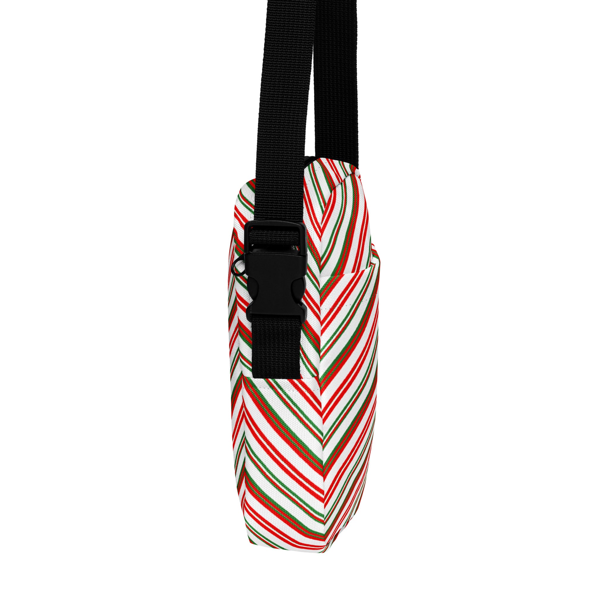 Girls christmas stripes crossbody purse with festive candy cane stripes and black adjustable shoulder strap and buckle
