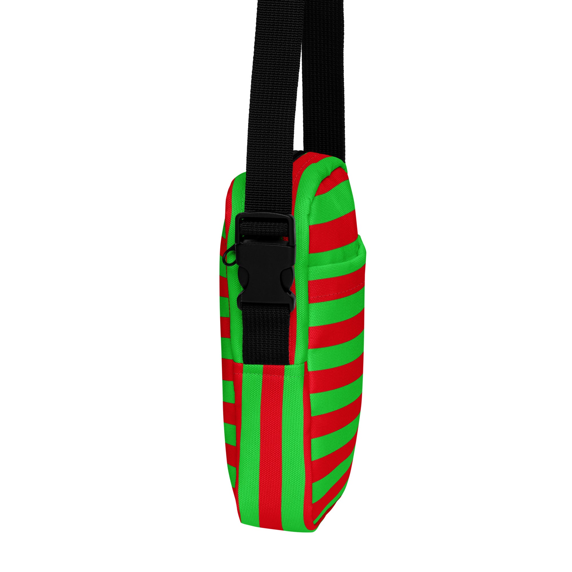 Girls red and green bold stripes Christmas crossbody purse with vibrant colors and black adjustable strap