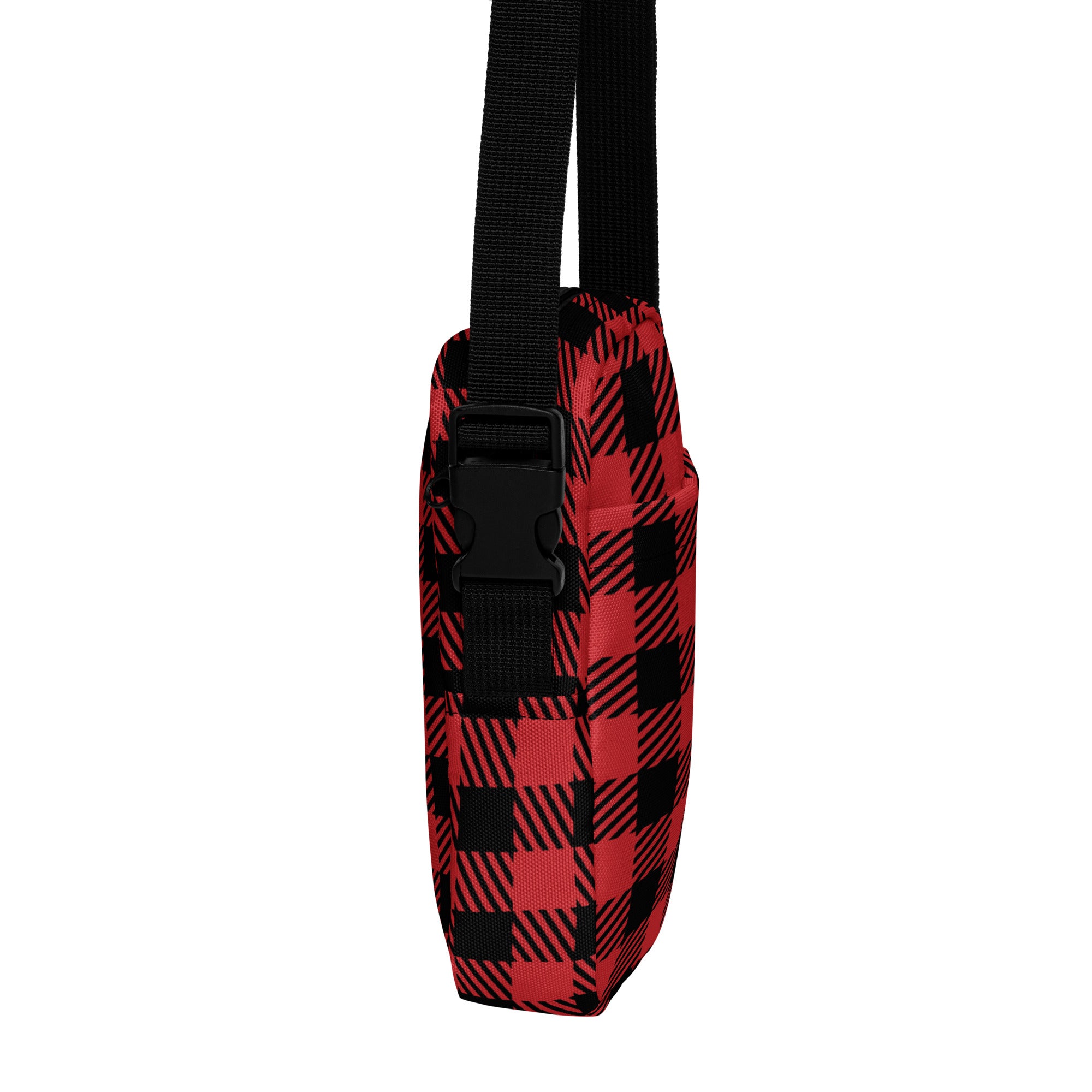 Girls red plaid Christmas crossbody purse with black webbing strap and buckle featuring red and black plaid design