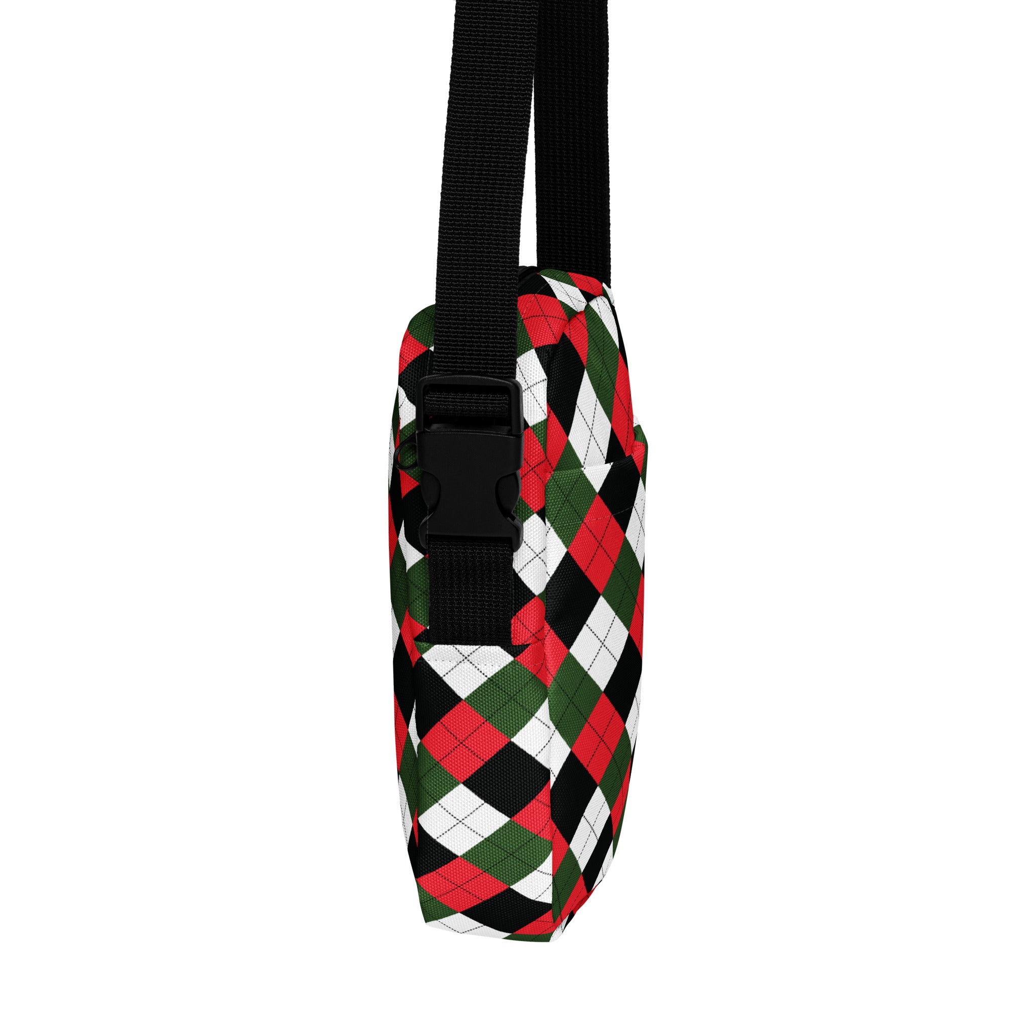 Girls christmas argyle crossbody purse featuring red green black and white shoulder bag with black adjustable strap