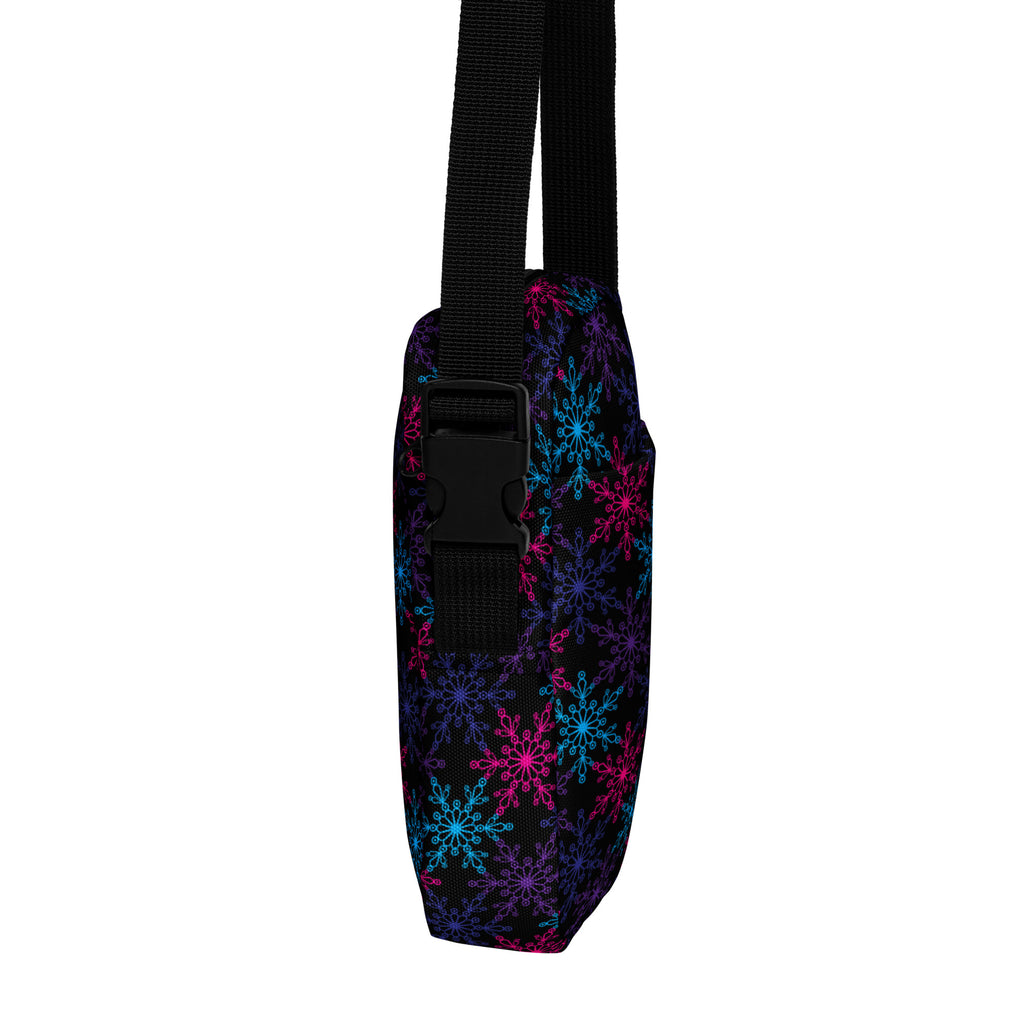 Black fabric girls neon snowflakes crossbody purse with vibrant pink blue and purple snowflake pattern