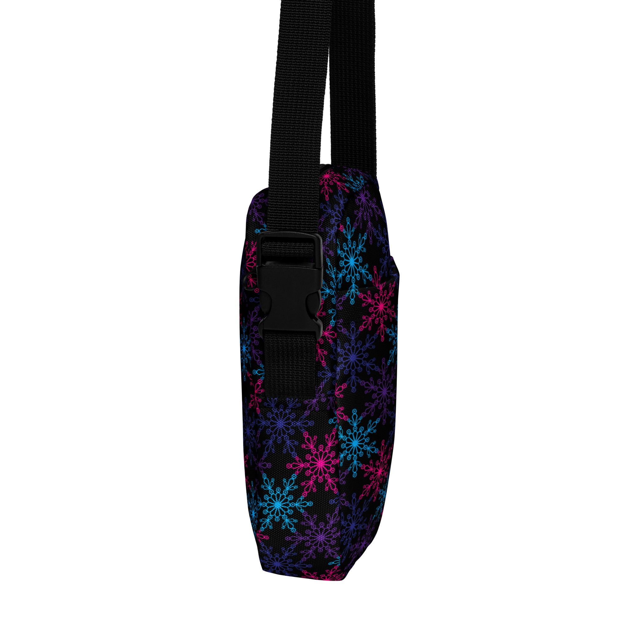 Black fabric girls neon snowflakes crossbody purse with vibrant pink blue and purple snowflake pattern