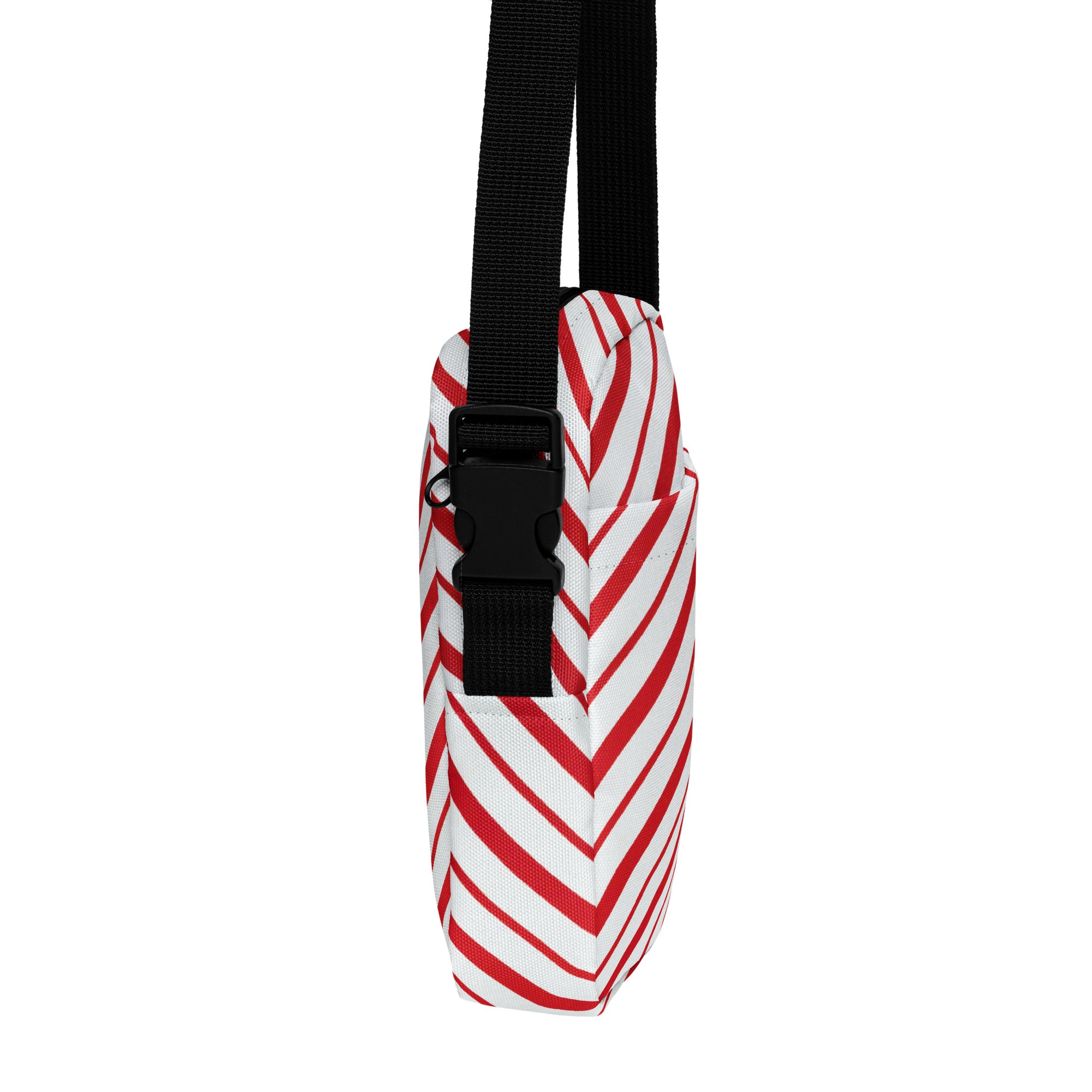 Red candy stripe christmas women’s crossbody purse in red and white striped canvas with black adjustable strap