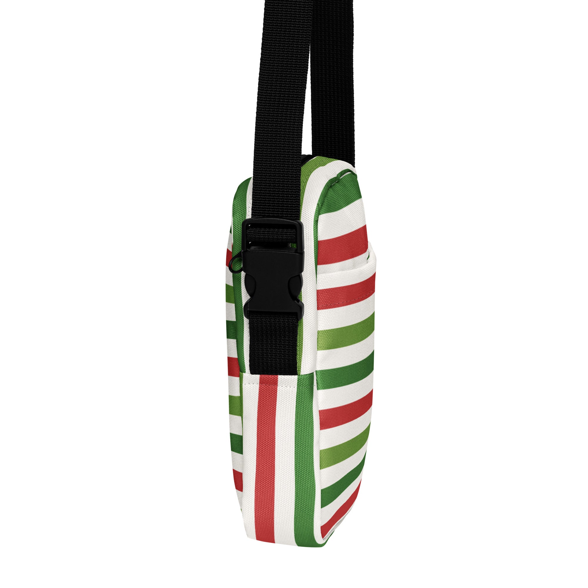 Girls christmas stripe crossbody purse with bold red green and white stripes and black adjustable strap and buckle