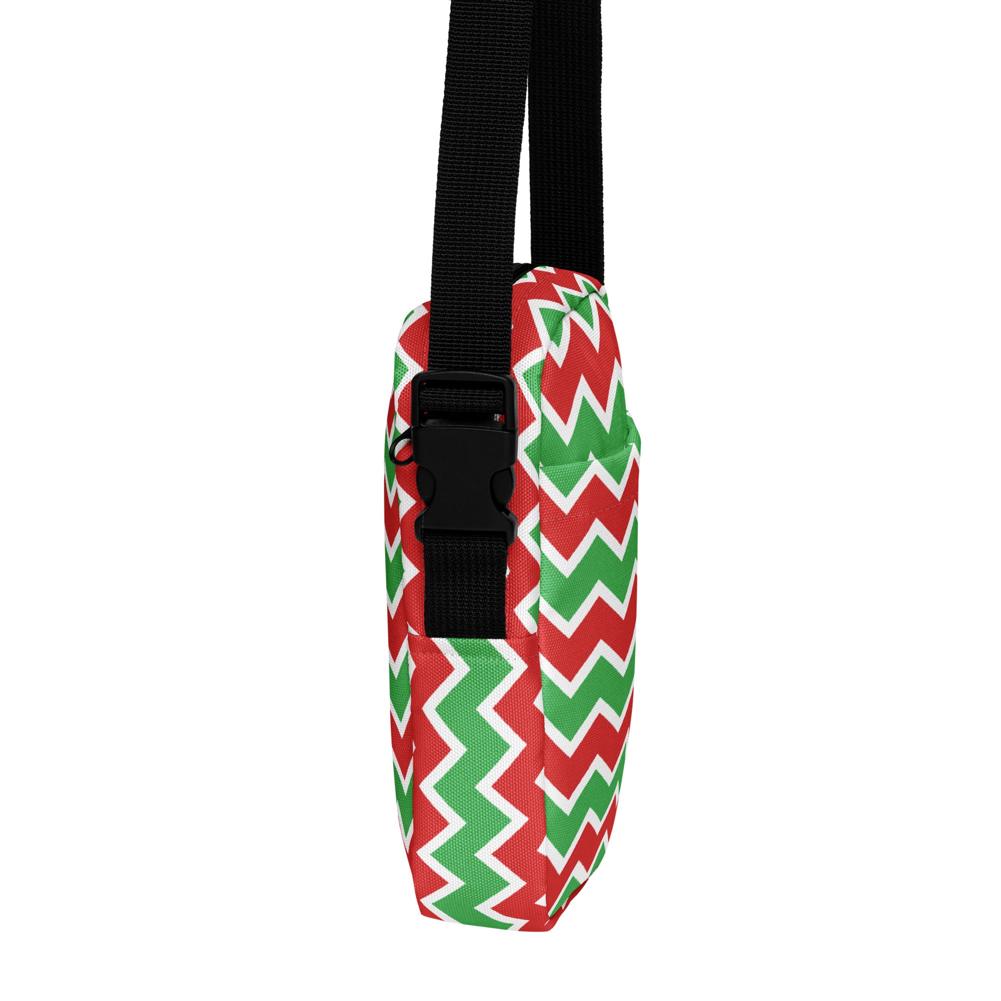 Christmas zigzag women’s crossbody purse with red and green fabric and black adjustable strap for hands-free use
