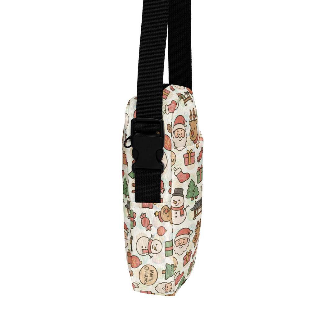 Girls doodle christmas crossbody purse white canvas bag with festive cartoon santa, snowmen, reindeer, and christmas trees pattern