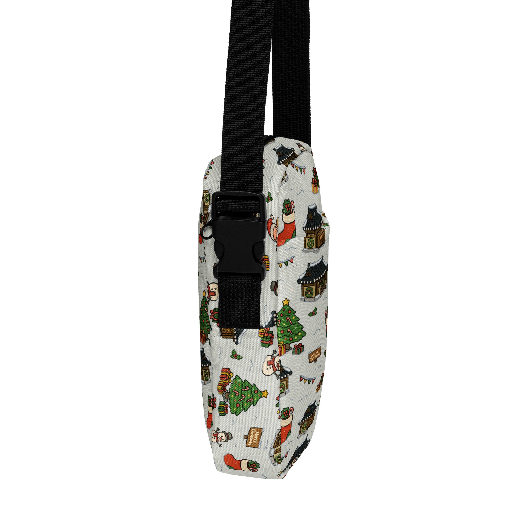 Girls snowy village christmas crossbody purse white fabric with black strap and festive cartoon holiday pattern