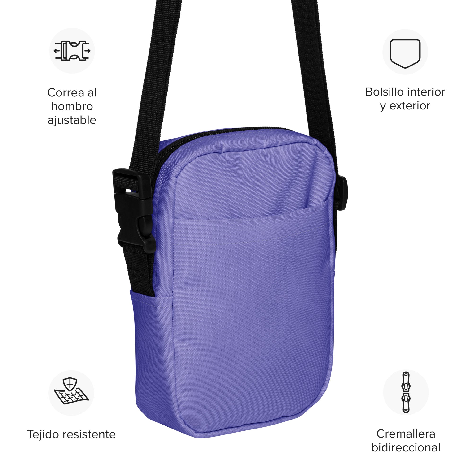 Girls purple crossbody purse made of fabric with a black adjustable strap and zipper closure for secure use