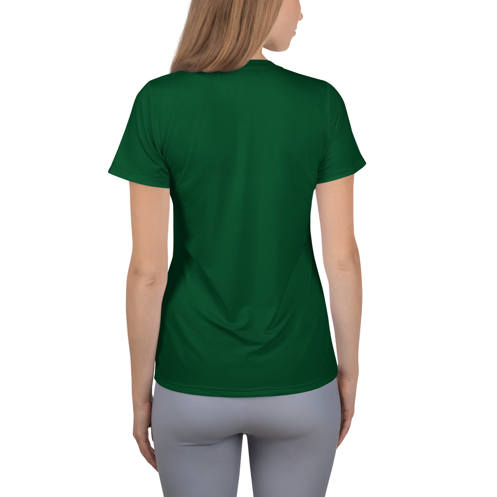 Women’s dark green solid short-sleeved performance athletic t-shirt with crew neck lightweight moisture wicking fabric