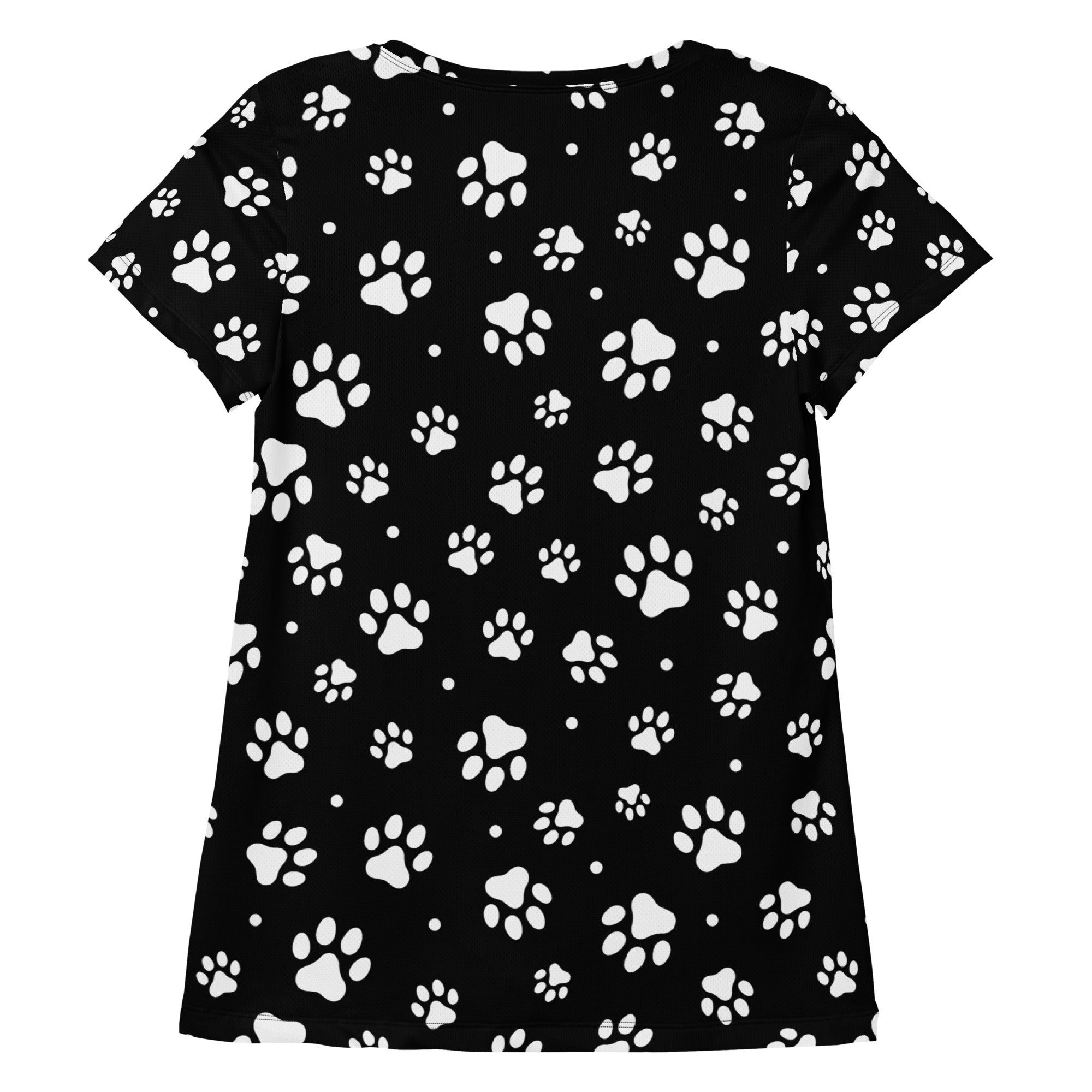 Women’s black short-sleeved performance t-shirt with white paw print pattern lightweight moisture wicking top