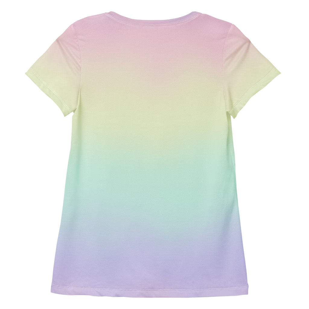 Women’s pastel rainbow performance athletic t-shirt with soft gradient pink to purple hues, lightweight moisture wicking fabric and UPF 50+