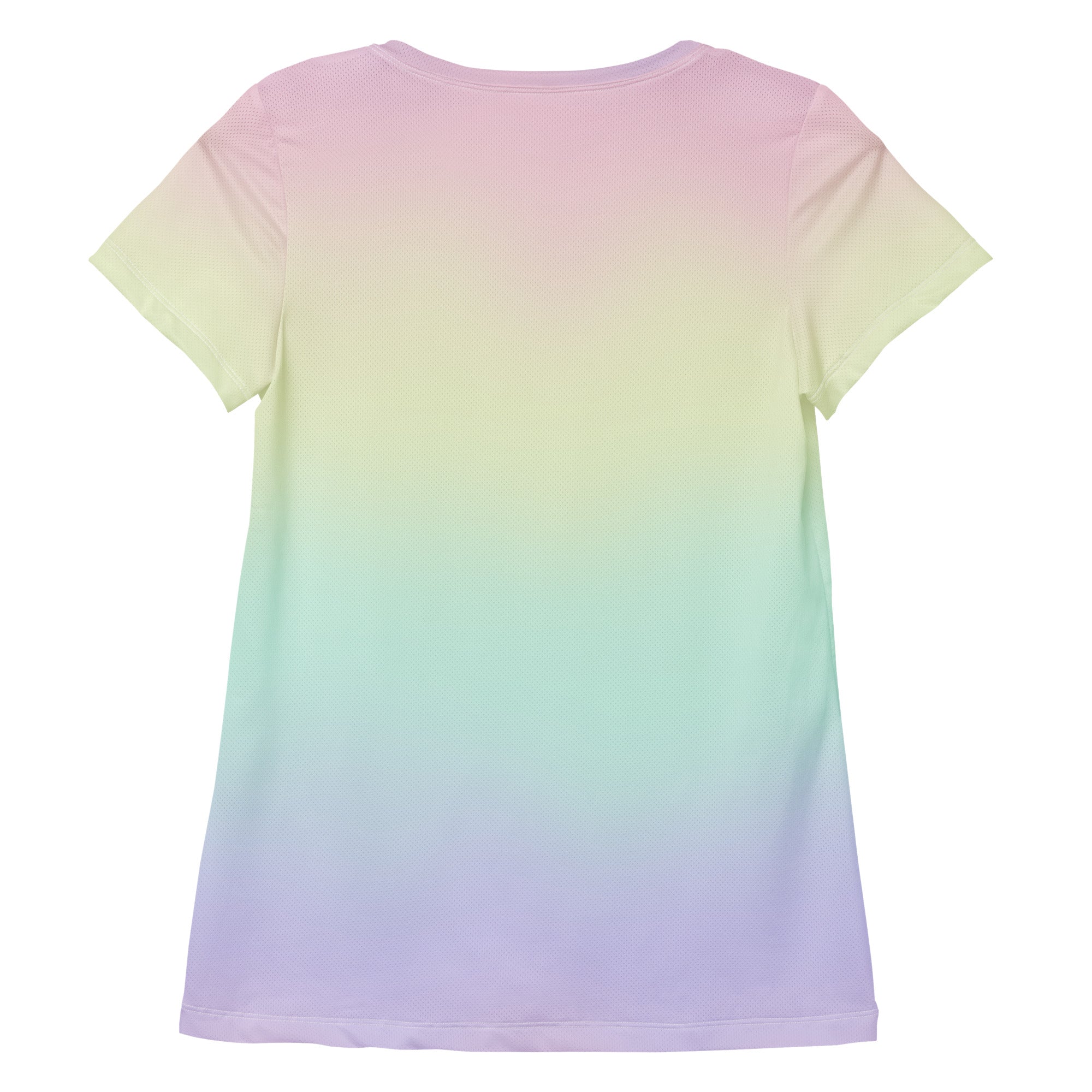 Women’s pastel rainbow performance athletic t-shirt with soft gradient pink to purple hues, lightweight moisture wicking fabric and UPF 50+