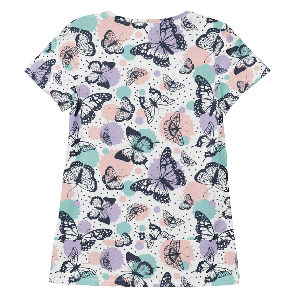 Women’s butterfly print short-sleeved performance athletic t-shirt with pastel pink and mint green on white background