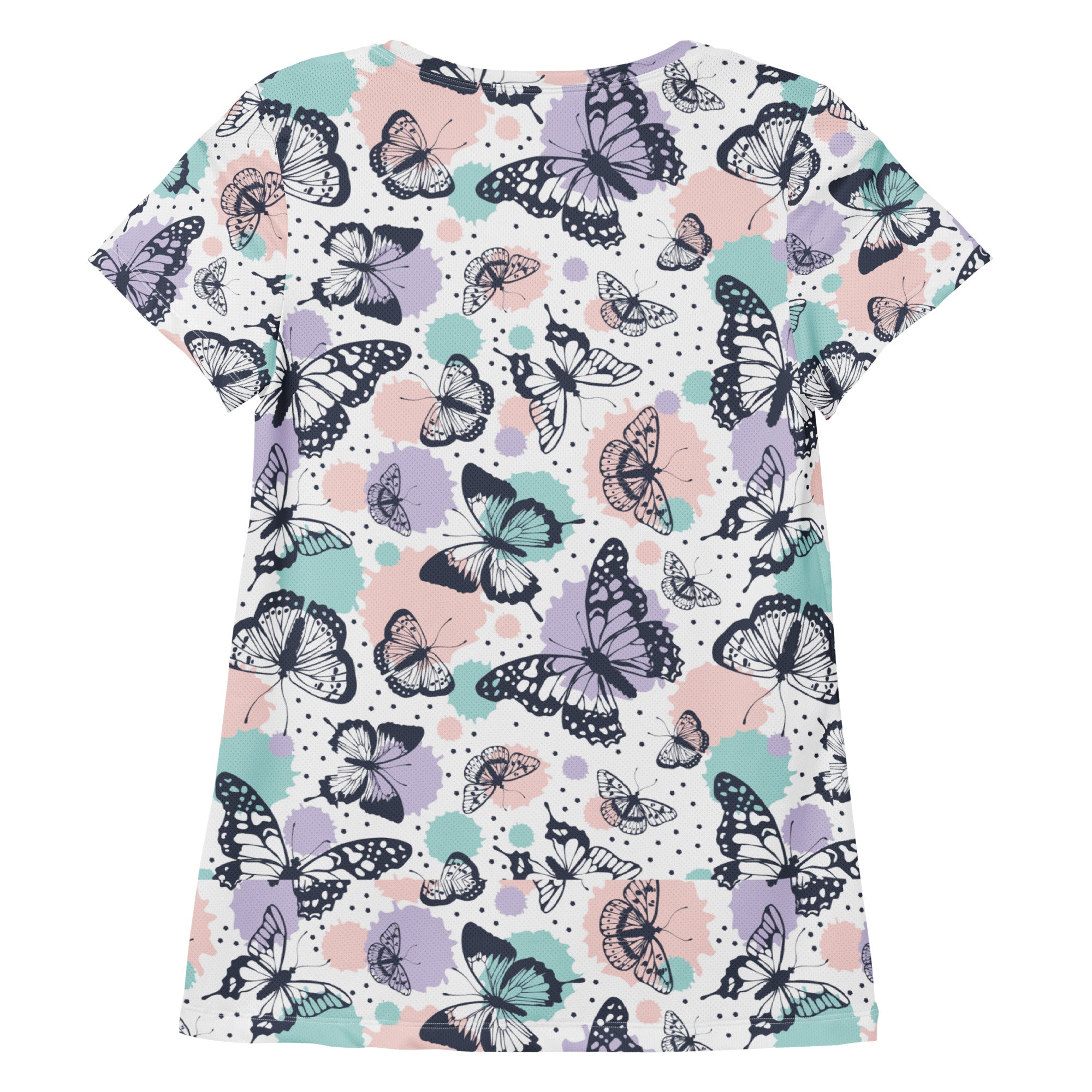 Women’s butterfly print short-sleeved performance athletic t-shirt with pastel pink and mint green on white background