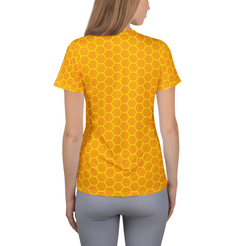 Yellow honeycomb-patterned short-sleeve women’s performance t-shirt with moisture wicking and UPF 50+ for workouts