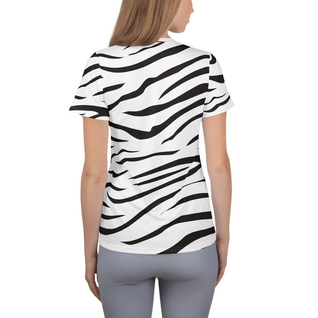 White short-sleeved women’s athletic t-shirt with bold black zebra print lightweight moisture wicking workout top