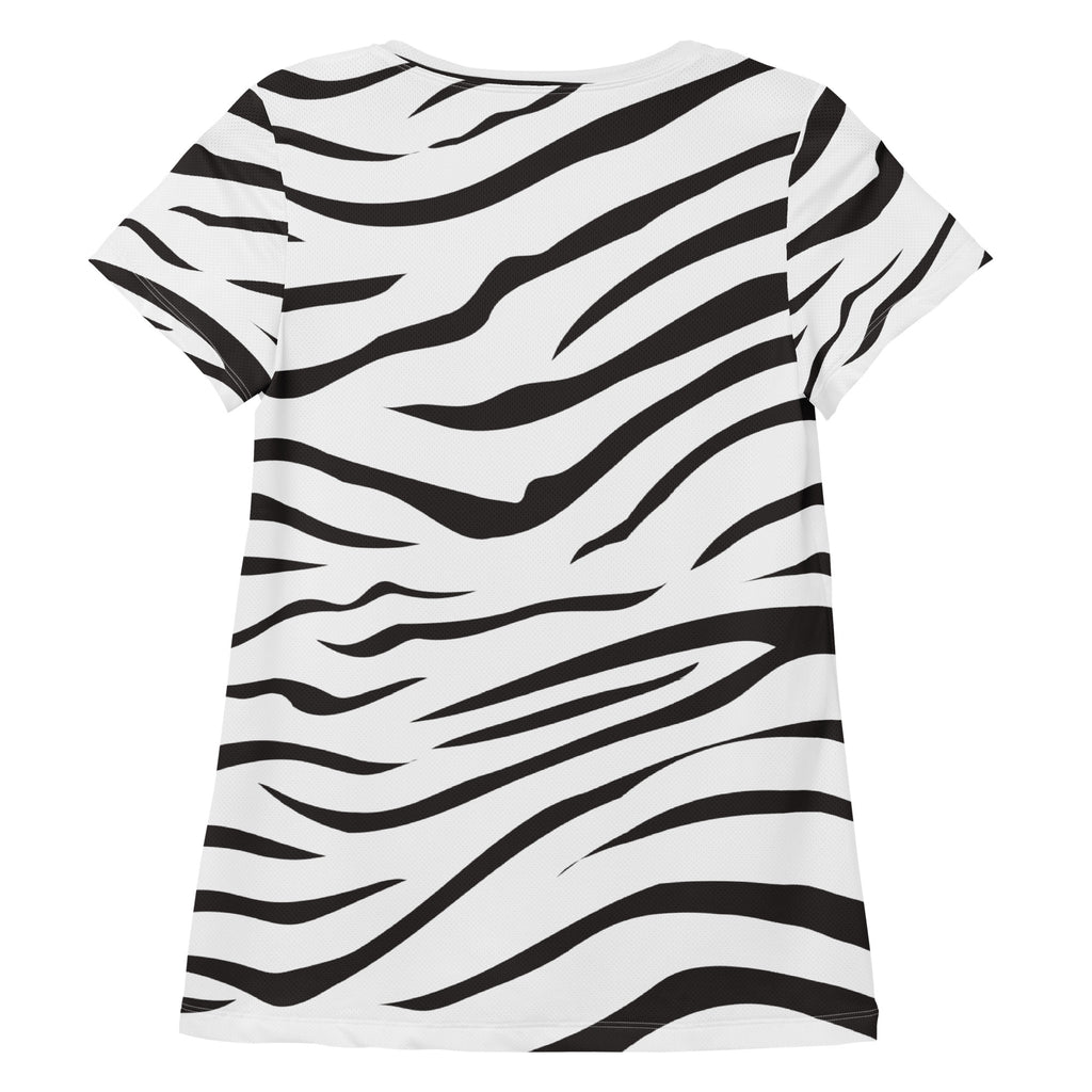 Women’s zebra print black and white short-sleeved performance athletic t-shirt with lightweight moisture wicking fabric