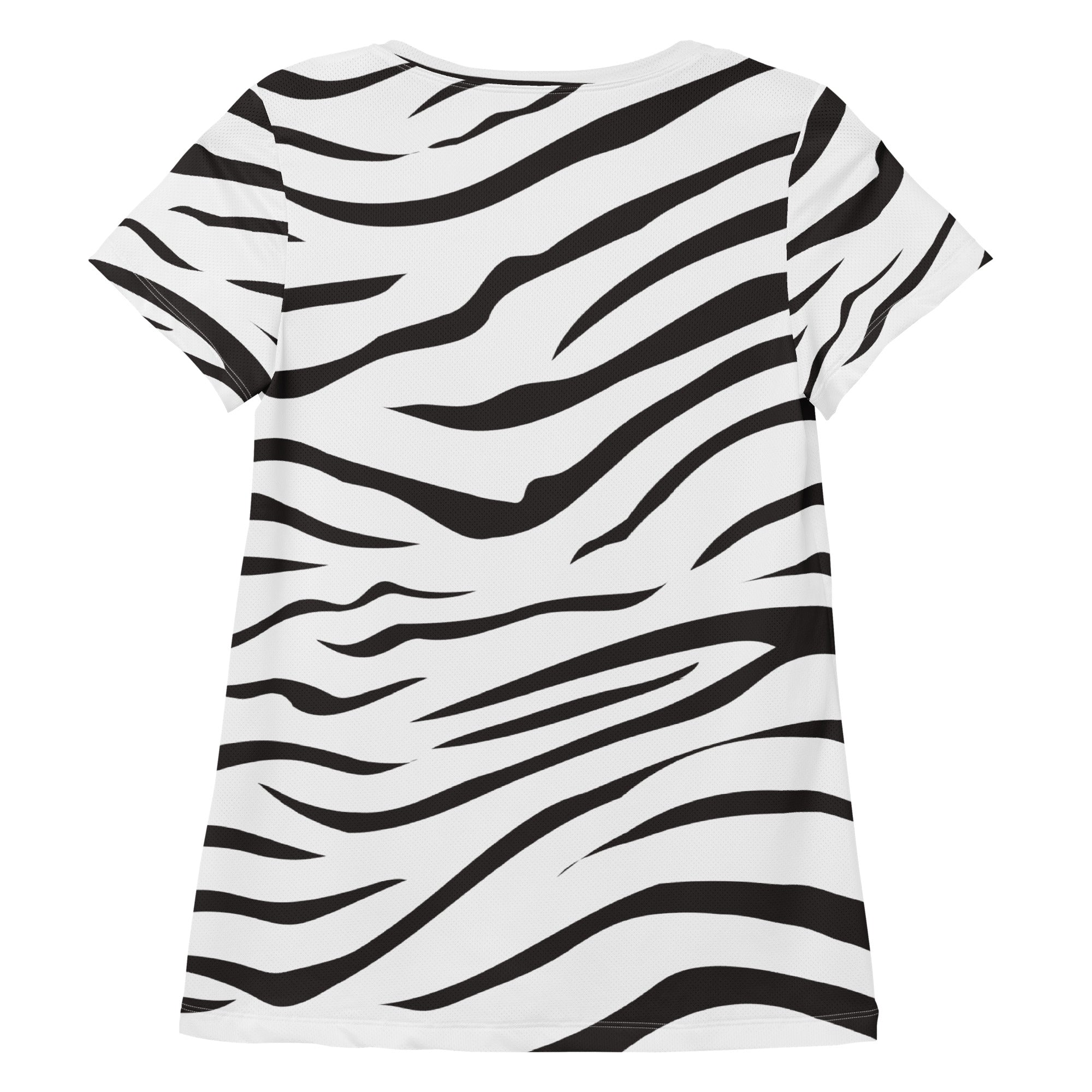 Women’s zebra print black and white short-sleeved performance athletic t-shirt with lightweight moisture wicking fabric