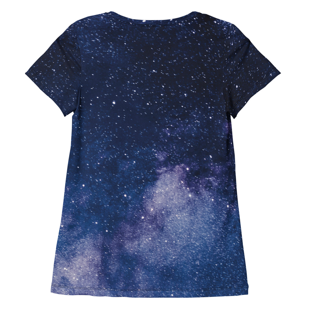 Women’s navy blue short-sleeved performance t-shirt with realistic purple and white galaxy print, lightweight and moisture wicking