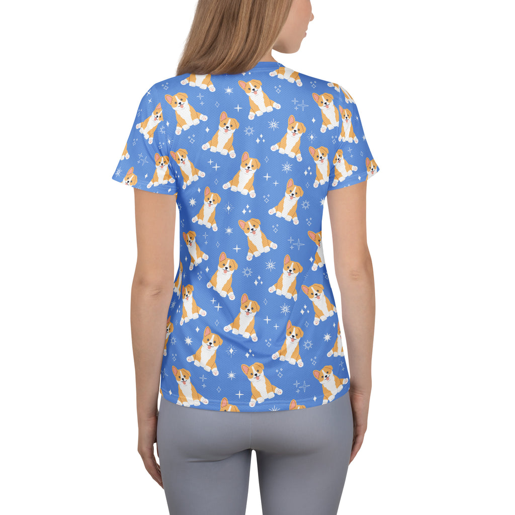 Women’s blue short-sleeved corgi dog performance athletic t-shirt with moisture wicking fabric and UPF 50+ protection