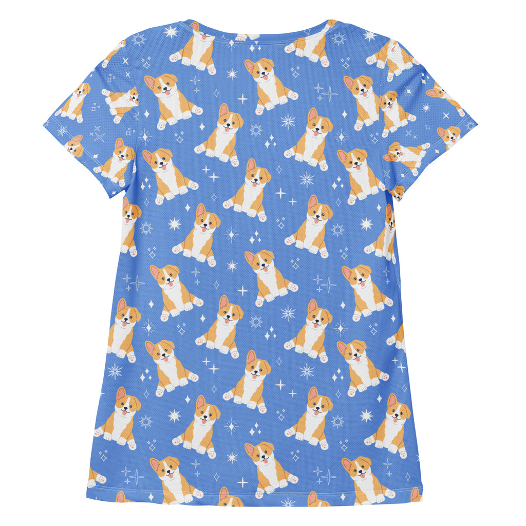 Women’s blue corgi dog performance athletic t-shirt with lightweight moisture wicking fabric and repeating puppy pattern