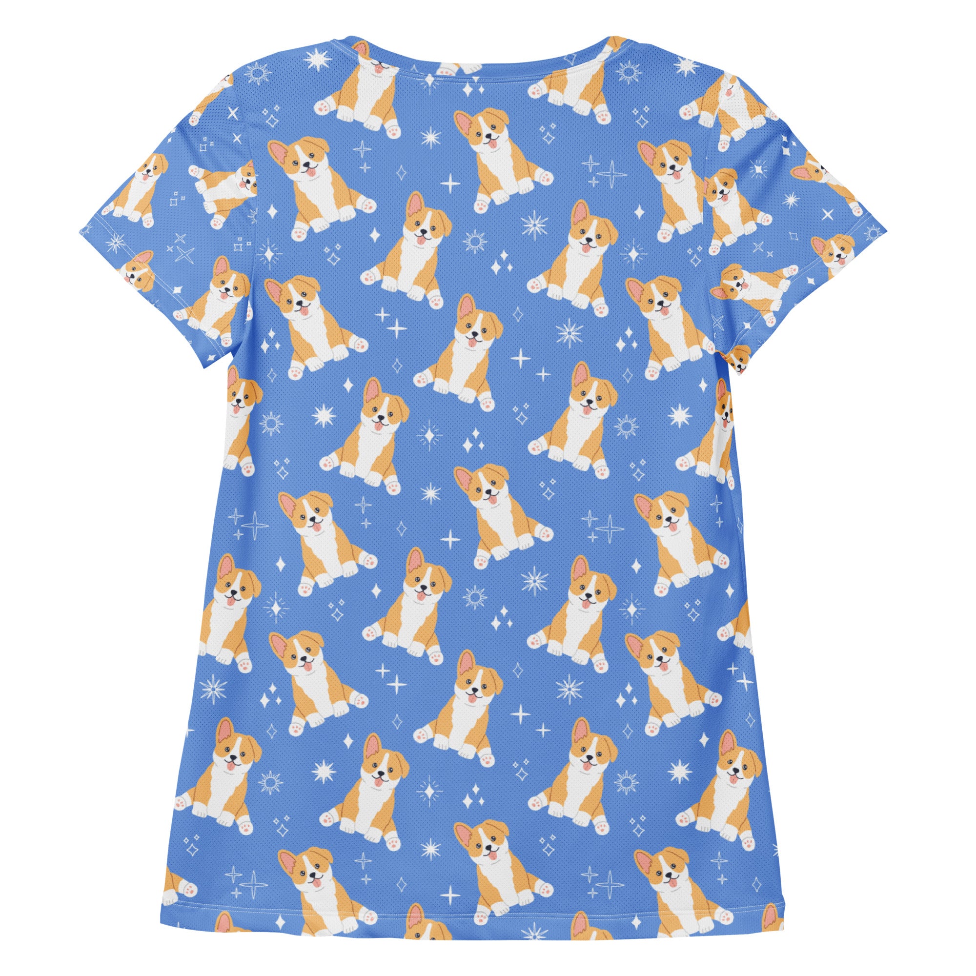 Women’s blue corgi dog performance athletic t-shirt with lightweight moisture wicking fabric and repeating puppy pattern