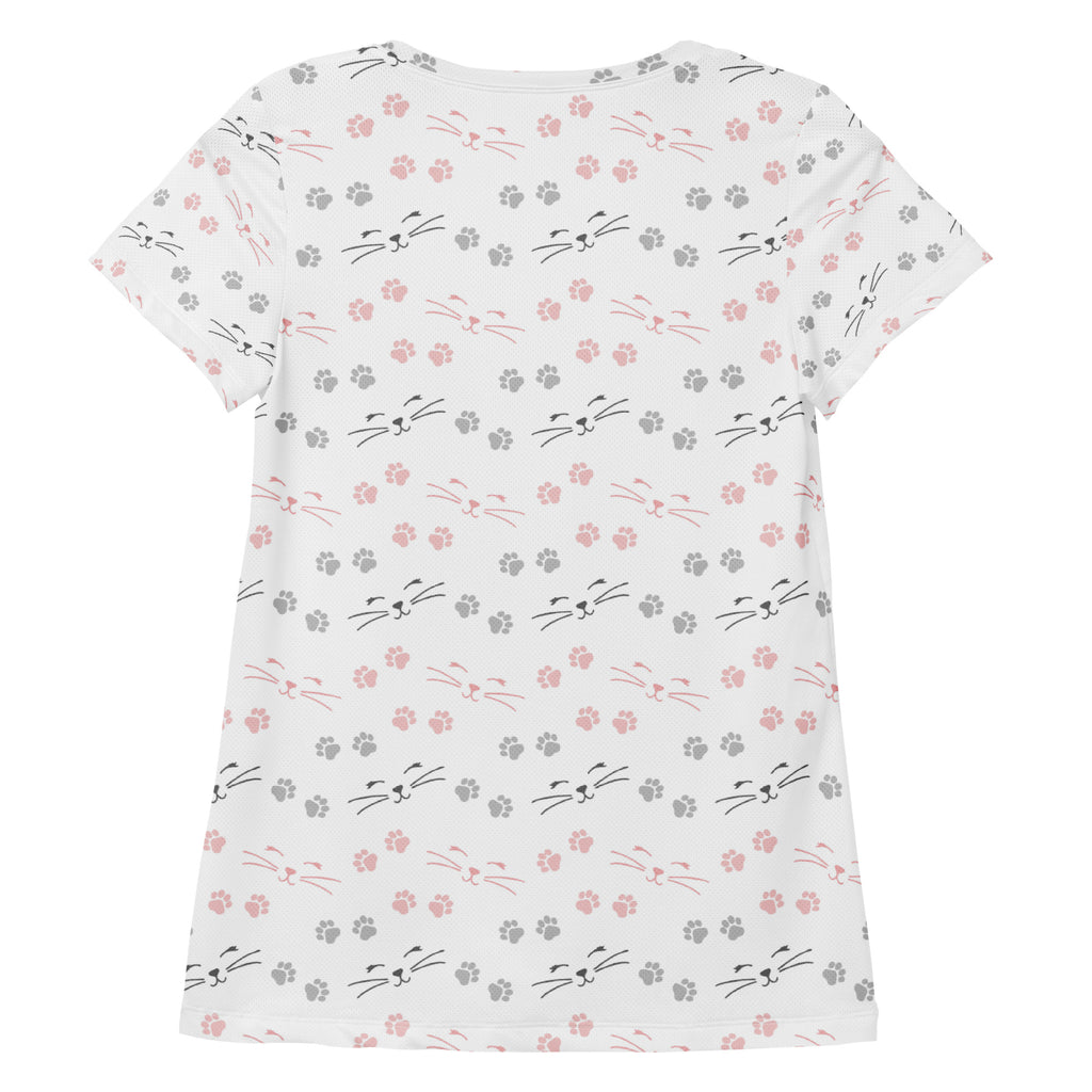 White womens short-sleeved cat paw print athletic t-shirt with pink gray cat faces moisture wicking upf 50+