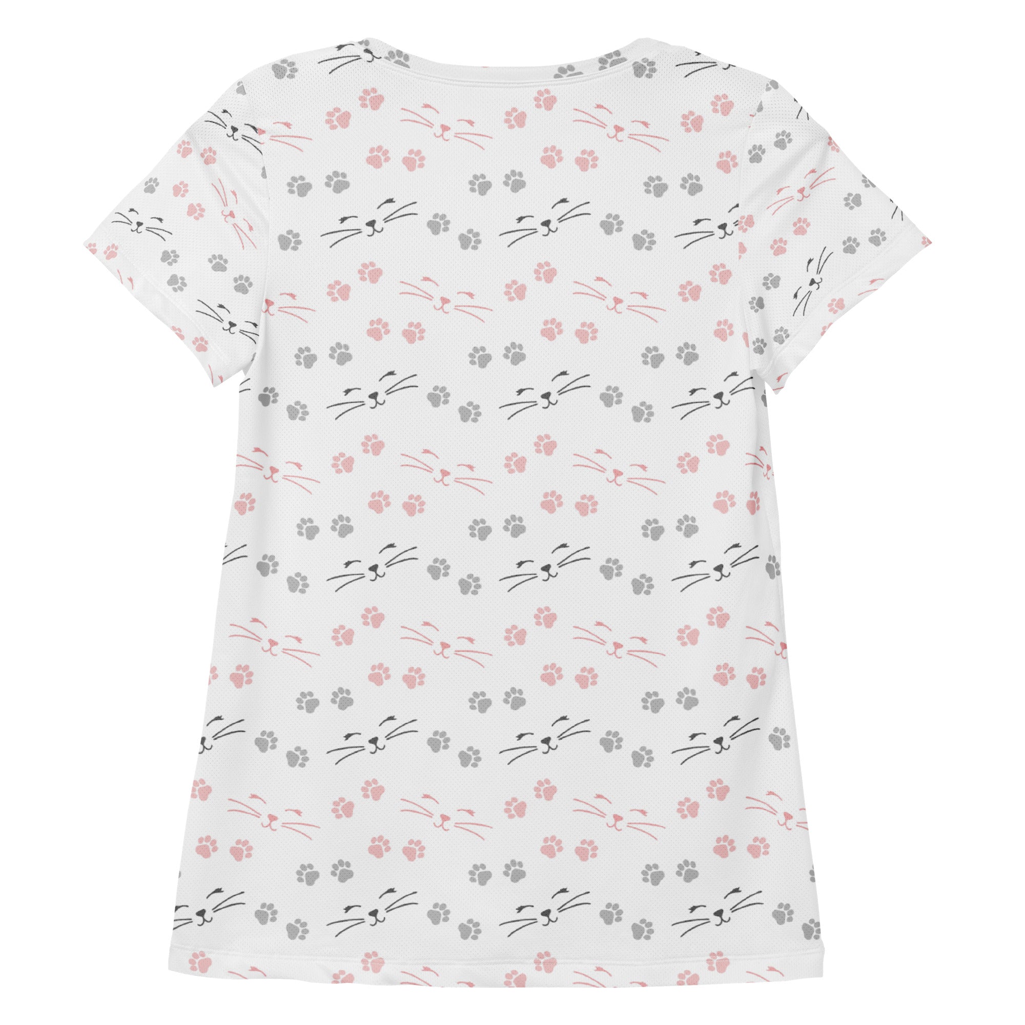 White womens short-sleeved cat paw print athletic t-shirt with pink gray cat faces moisture wicking upf 50+