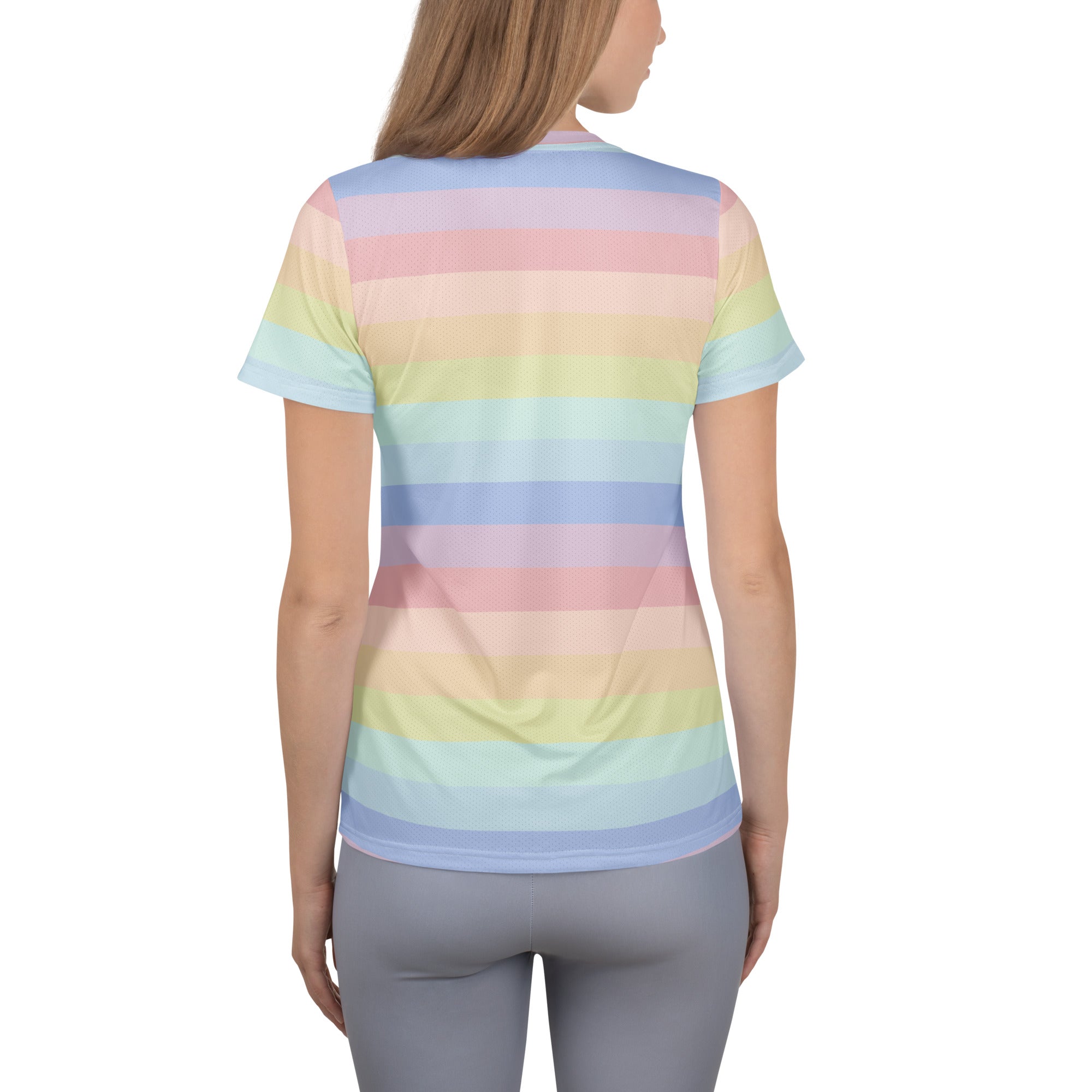 Women’s striped pastel rainbow short-sleeve t-shirt made of lightweight moisture-wicking fabric with upf 50 plus