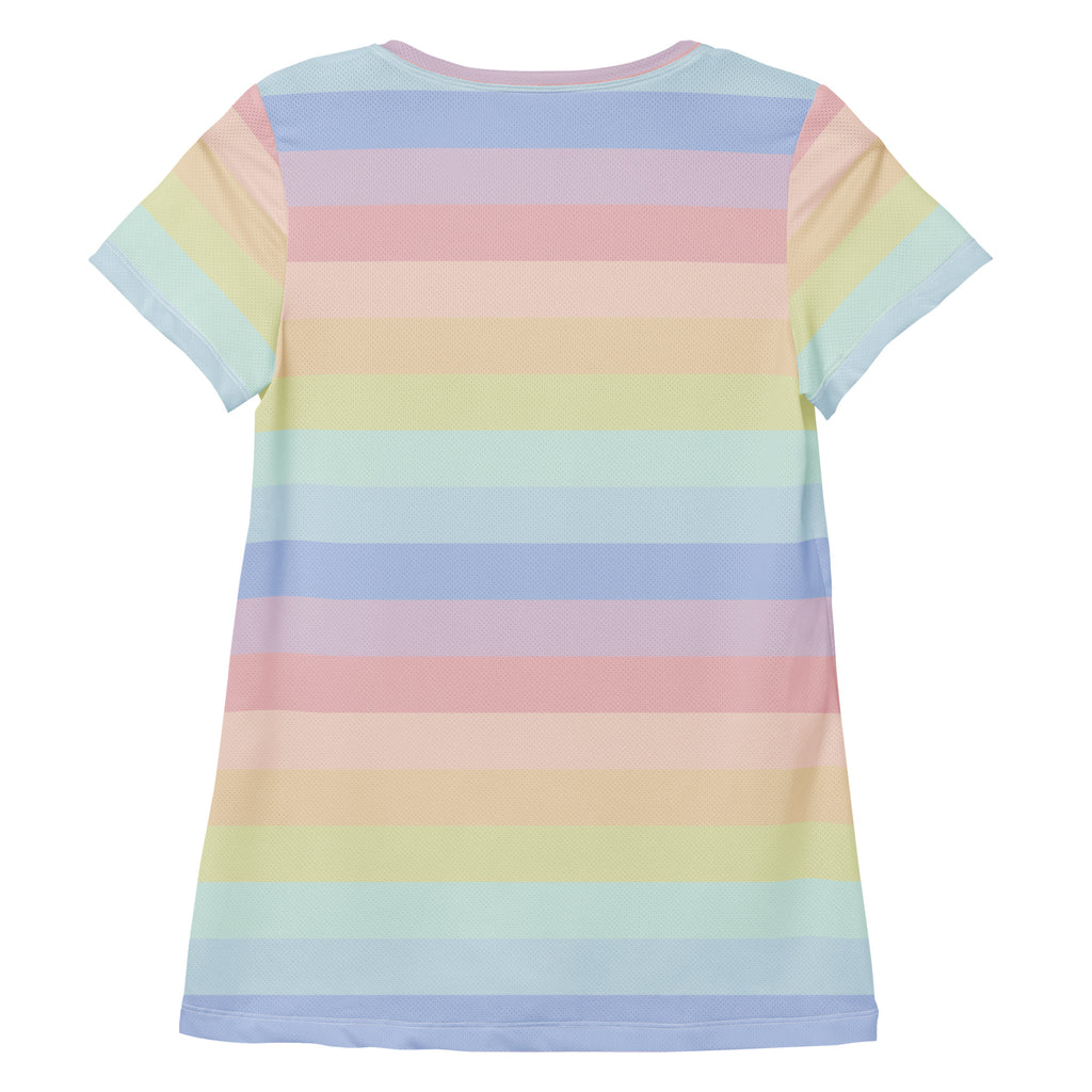 Women’s pastel rainbow striped performance athletic t-shirt with short sleeves lightweight moisture wicking fabric