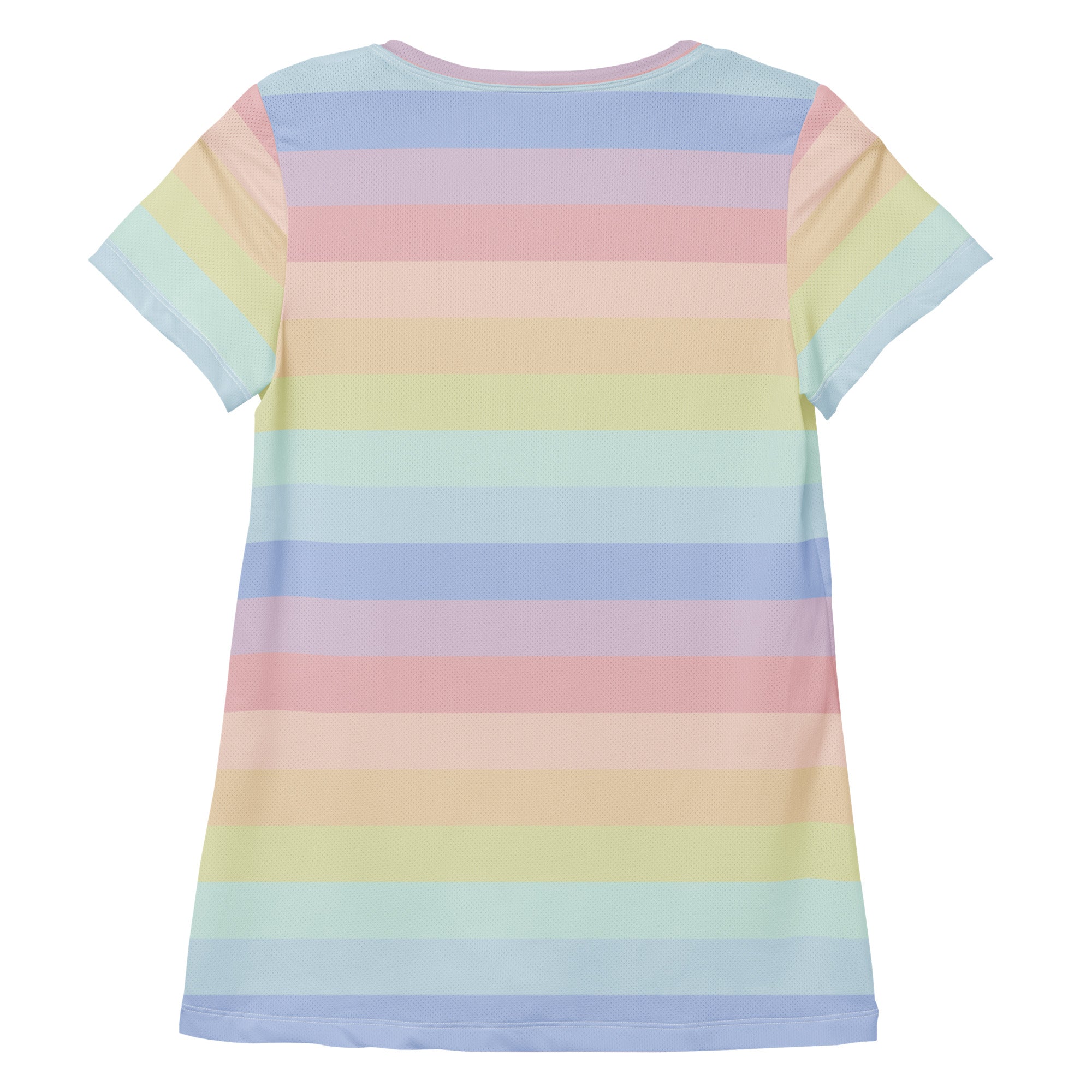 Women’s pastel rainbow striped performance athletic t-shirt with short sleeves lightweight moisture wicking fabric
