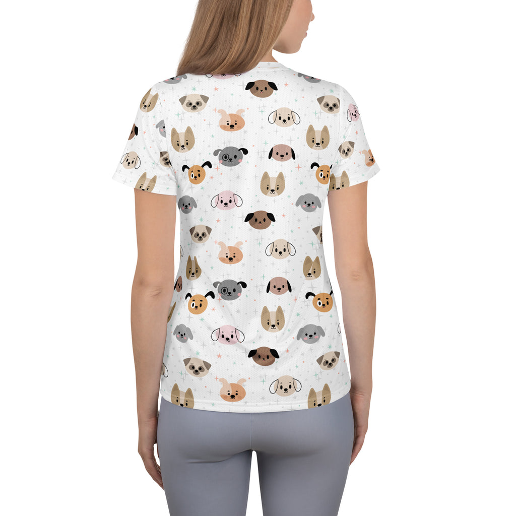 White women’s performance athletic t-shirt with cartoon dog pattern, lightweight moisture wicking and UPF 50+ protection