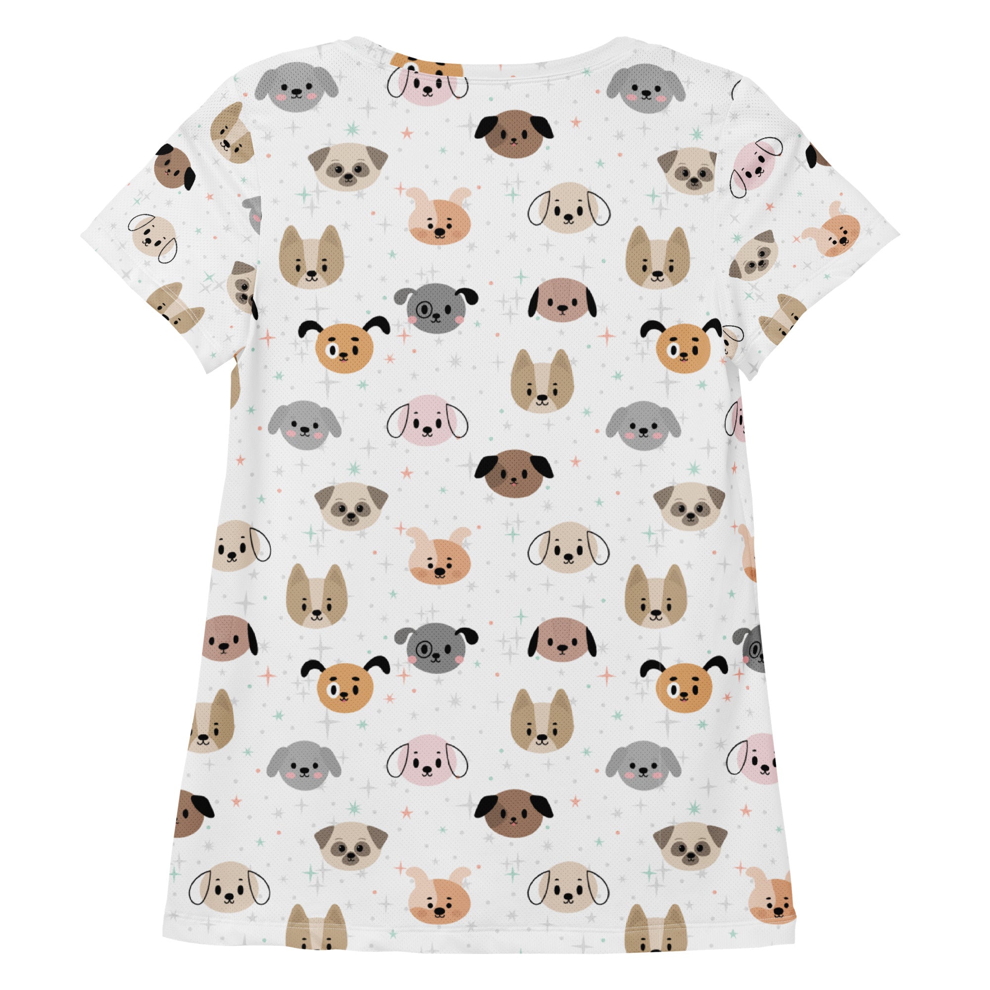 White women’s short-sleeved performance t-shirt with colorful cartoon dog faces, lightweight moisture wicking and UPF 50+
