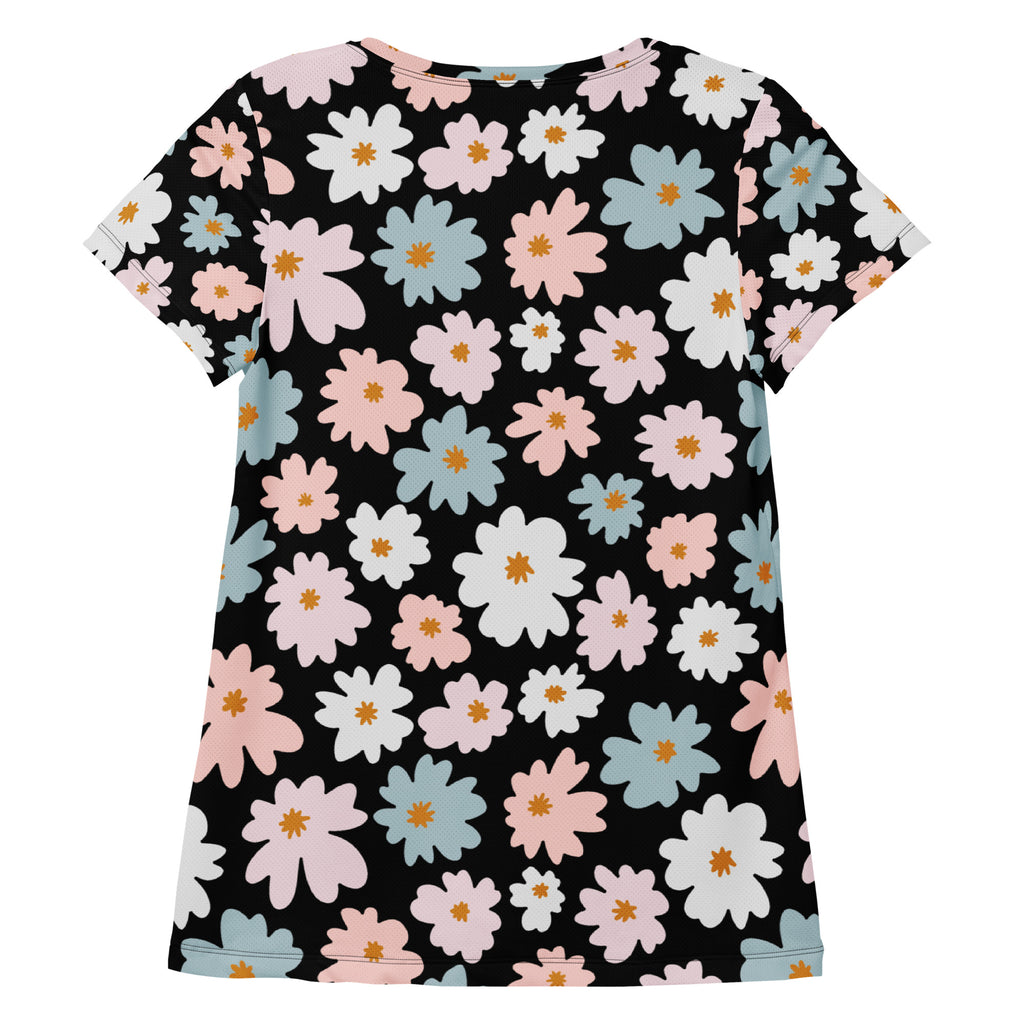 Black women’s retro floral performance athletic t-shirt with pastel flowers lightweight moisture wicking top upf 50+