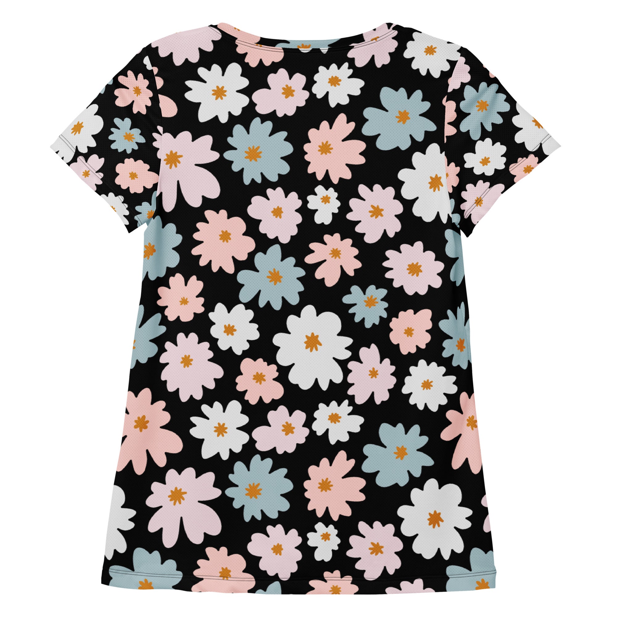 Black women’s retro floral performance athletic t-shirt with pastel flowers lightweight moisture wicking top upf 50+
