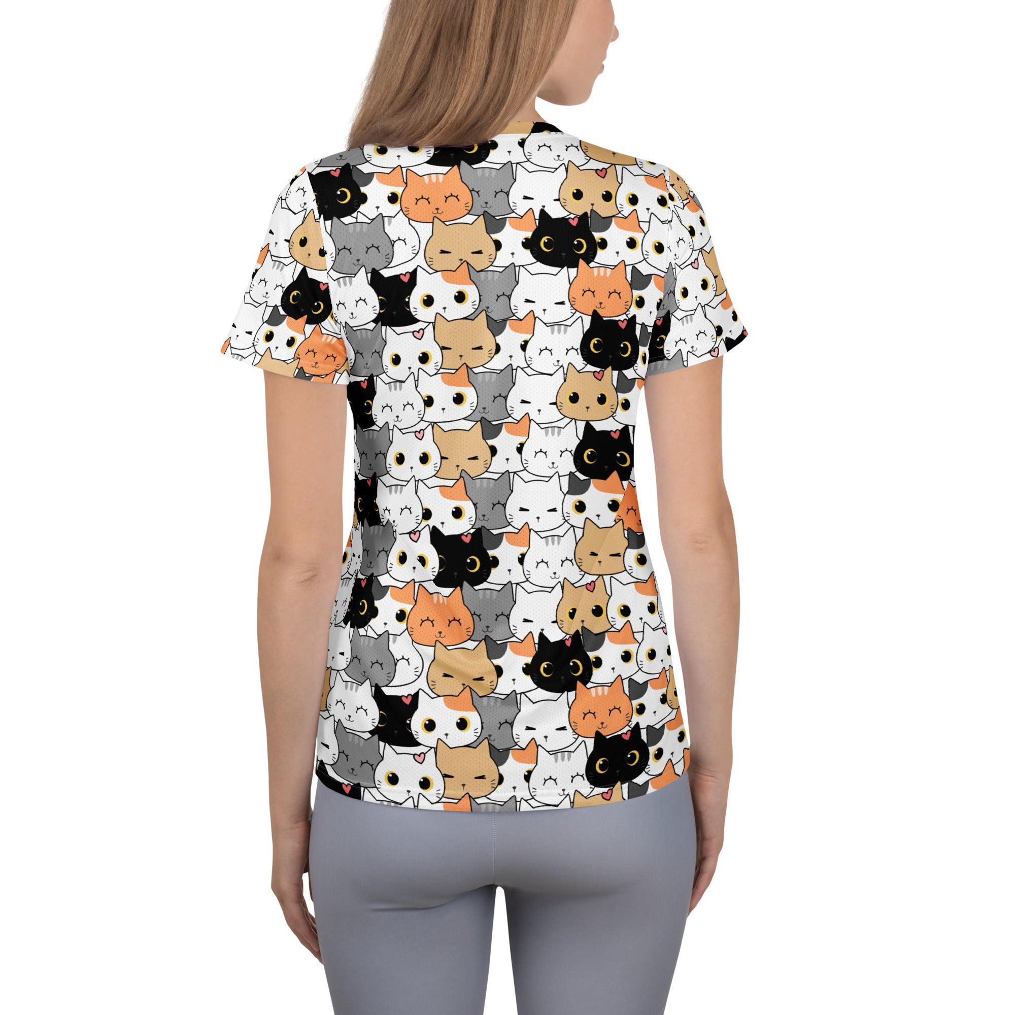Women’s short-sleeved performance t-shirt with colorful cartoon cat print lightweight moisture wicking upf 50+