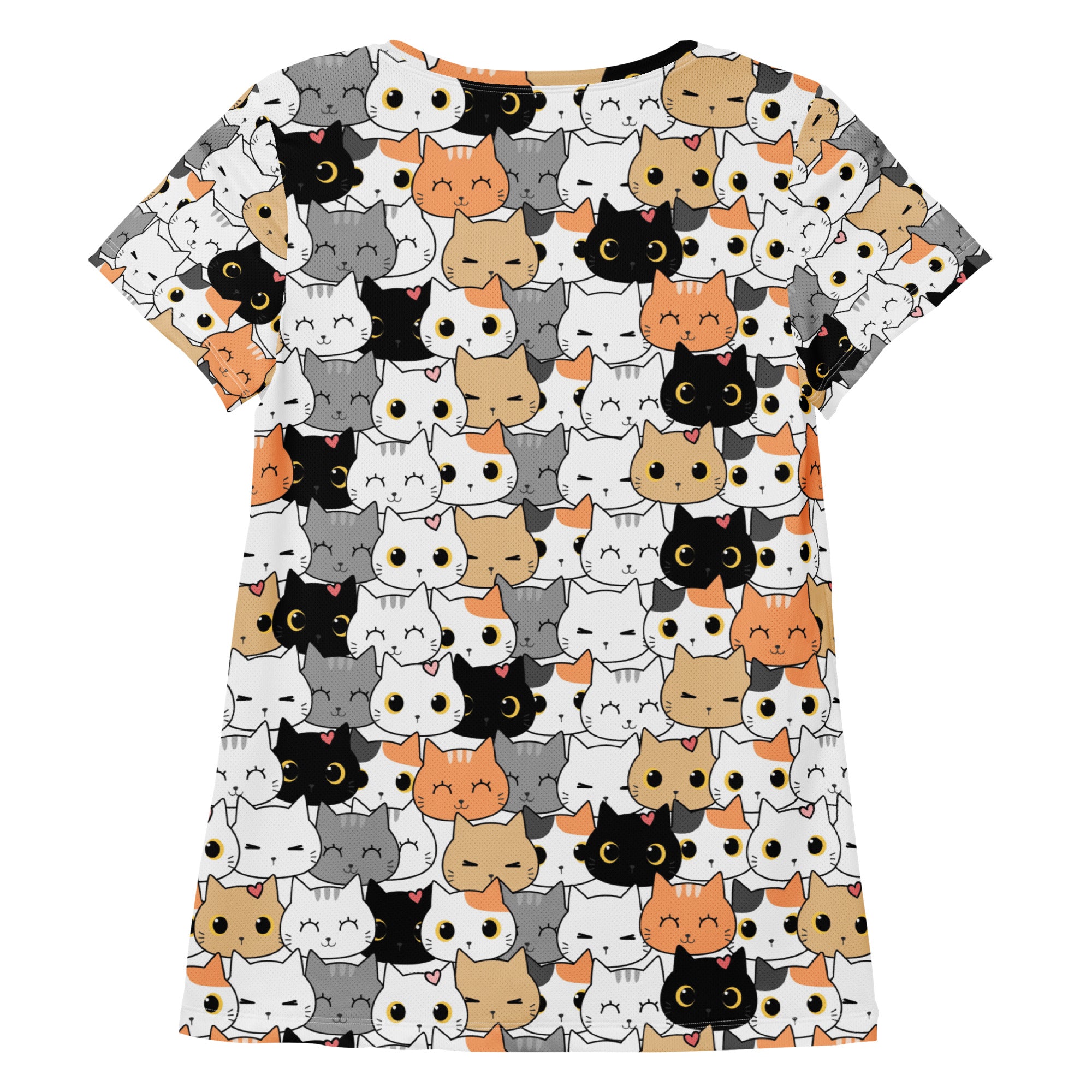 White short-sleeved women’s cat face performance athletic t-shirt with colorful cartoon cat pattern and moisture wicking fabric