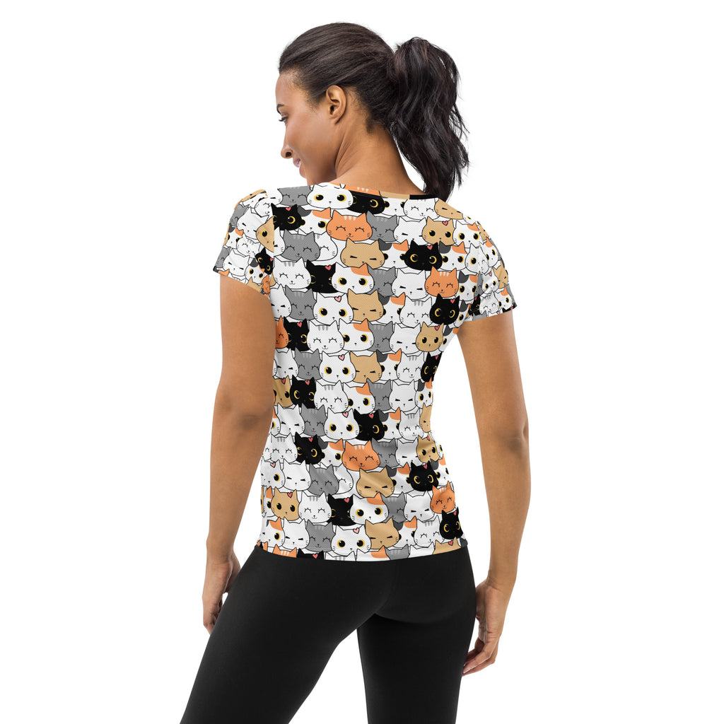 Women’s lightweight moisture wicking athletic t-shirt with upf 50 and colorful cartoon cat pattern on light background